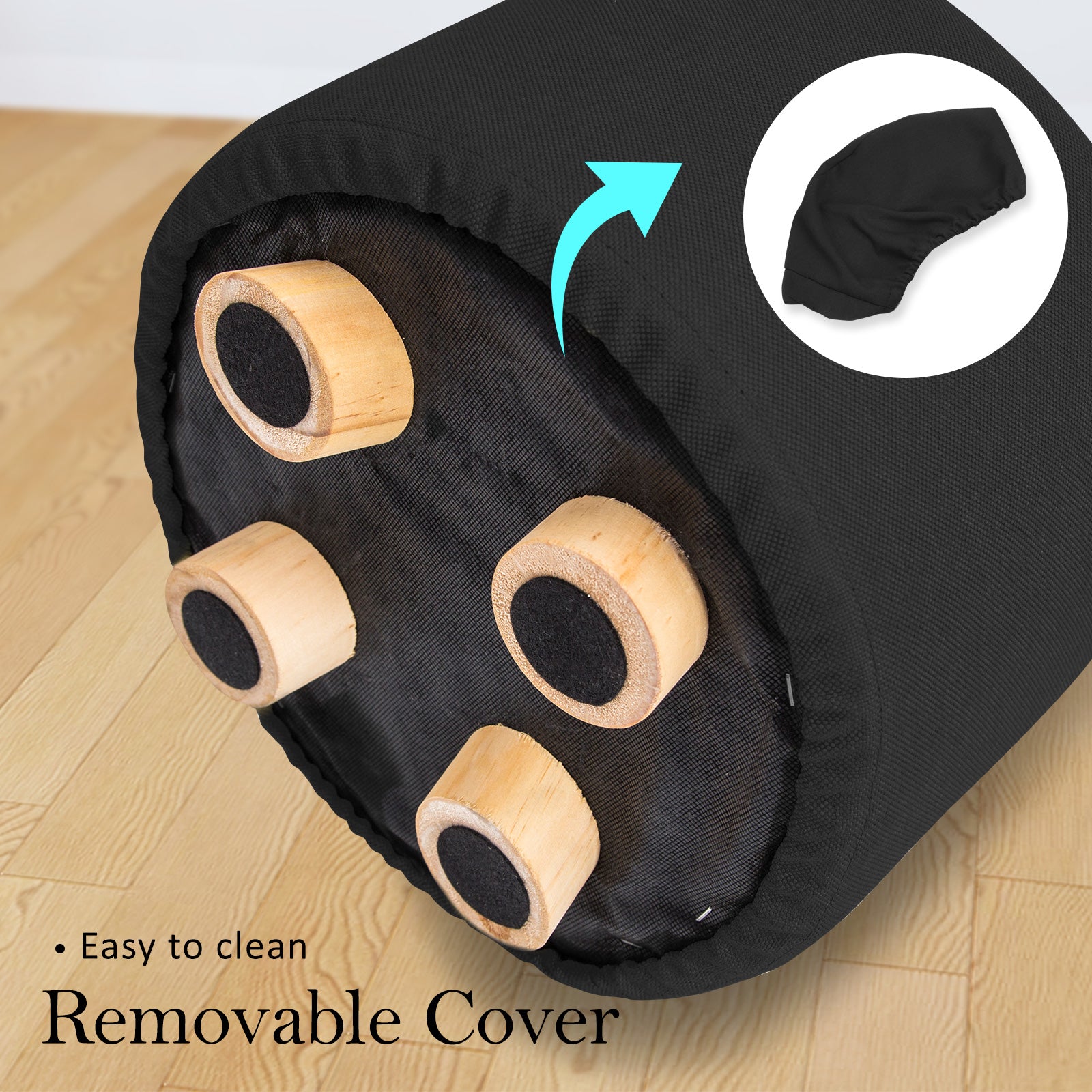 Ottomans & Footstools: 2X Fabric Ottoman Round Wooden Leg Foot Stool - BLACK