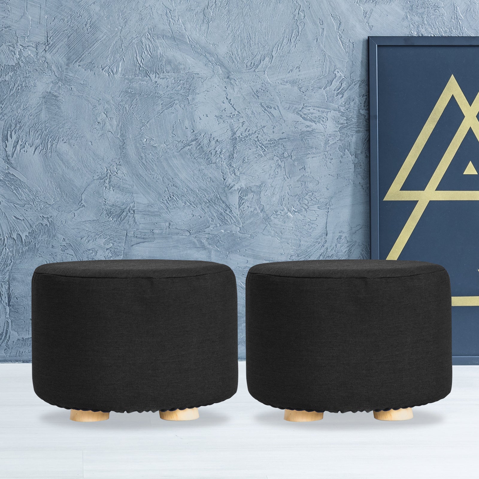 Ottomans & Footstools: 2X Fabric Ottoman Round Wooden Leg Foot Stool - BLACK