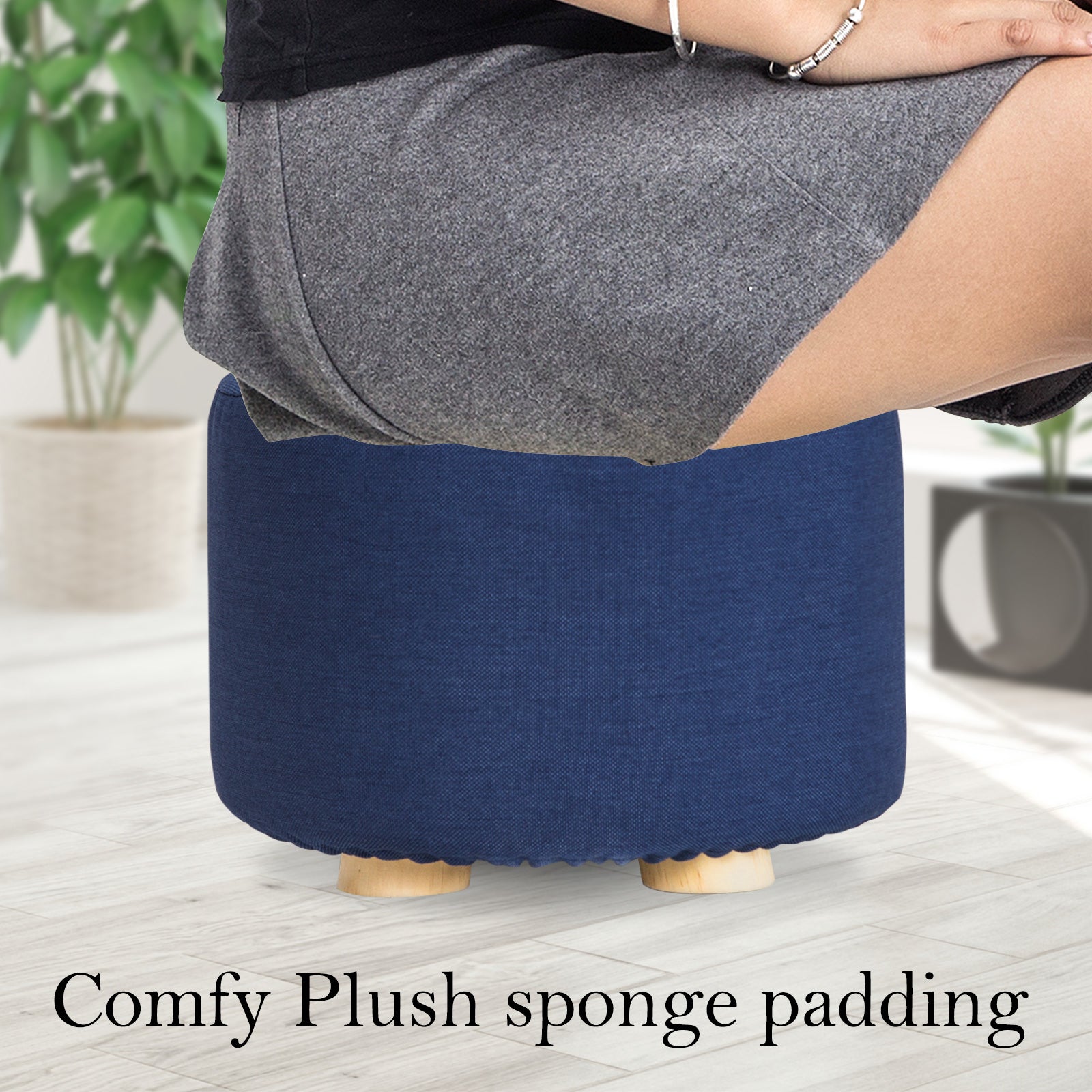 Ottomans & Footstools: Fabric Ottoman Round Wooden Leg Foot Stool - DARK BLUE