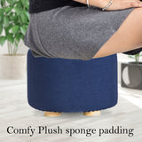 Ottomans & Footstools: Fabric Ottoman Round Wooden Leg Foot Stool - DARK BLUE