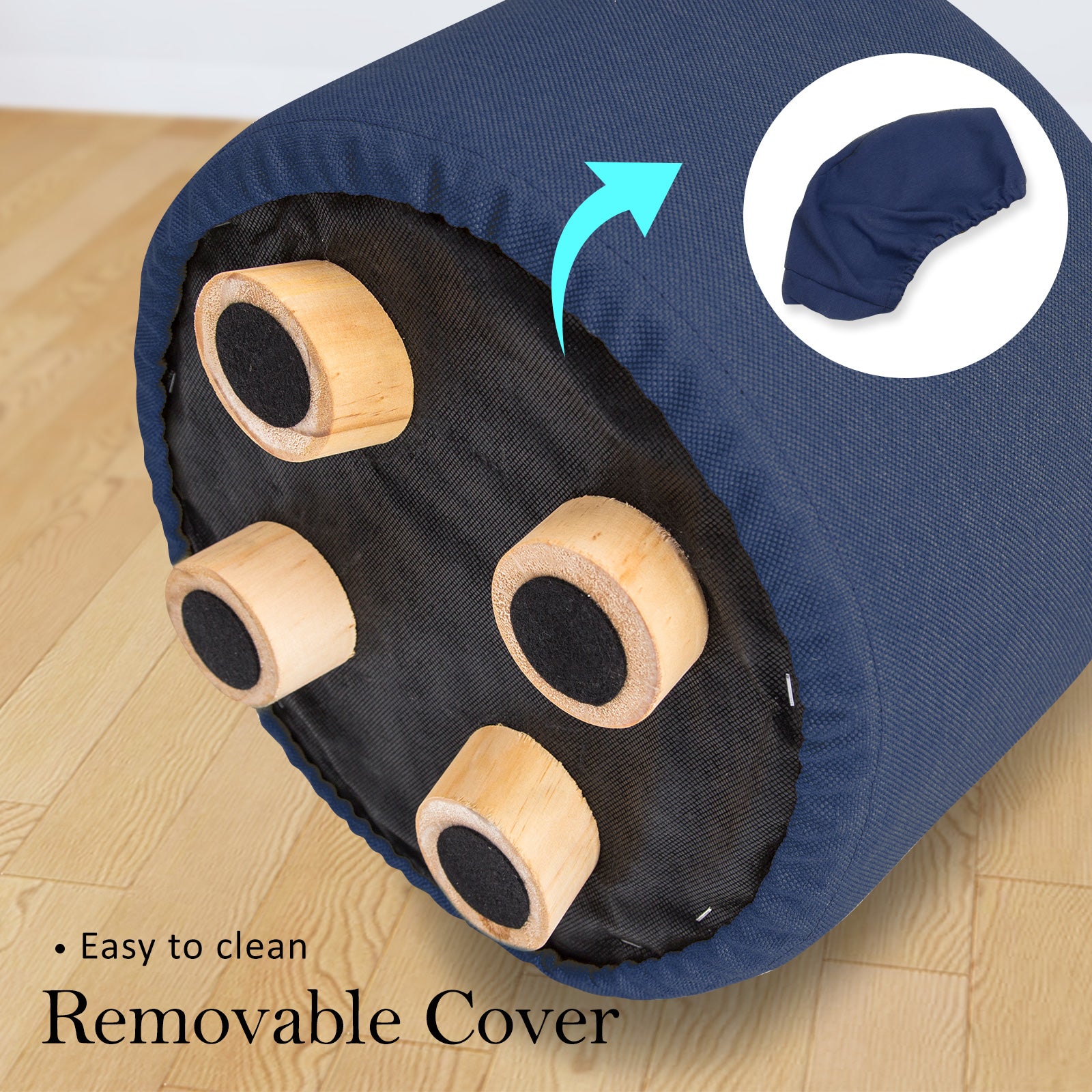 Ottomans & Footstools: Fabric Ottoman Round Wooden Leg Foot Stool - DARK BLUE