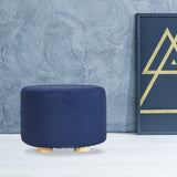 Ottomans & Footstools: Fabric Ottoman Round Wooden Leg Foot Stool - DARK BLUE