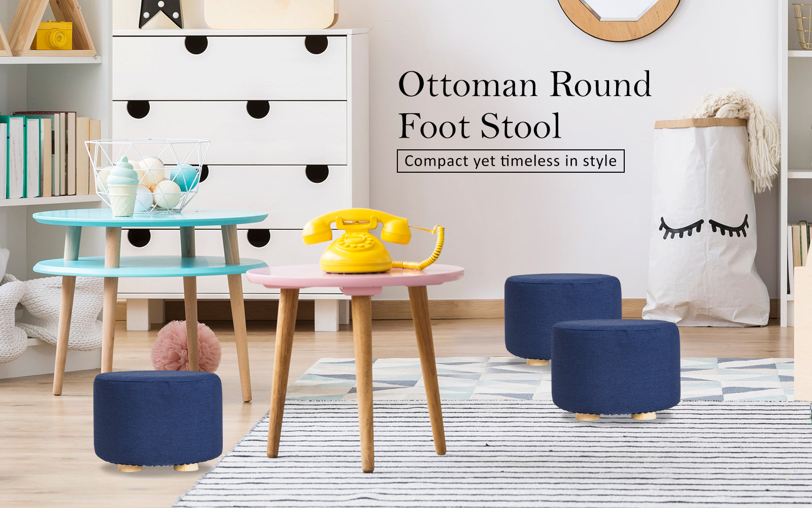Ottomans & Footstools: 2X Fabric Ottoman Round Wooden Leg Foot Stool - DARK BLUE