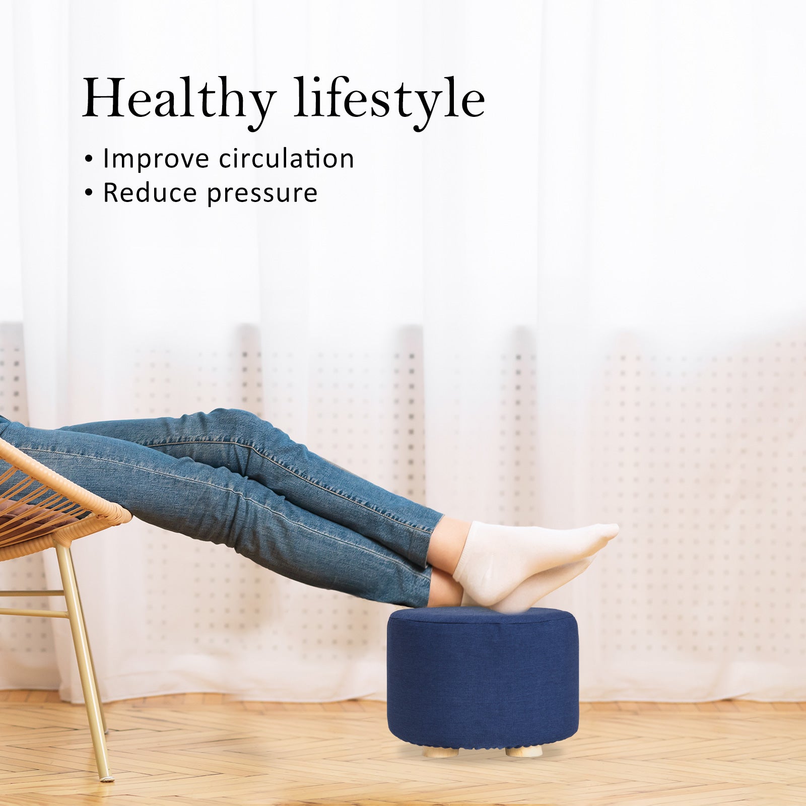 Ottomans & Footstools: 2X Fabric Ottoman Round Wooden Leg Foot Stool - DARK BLUE
