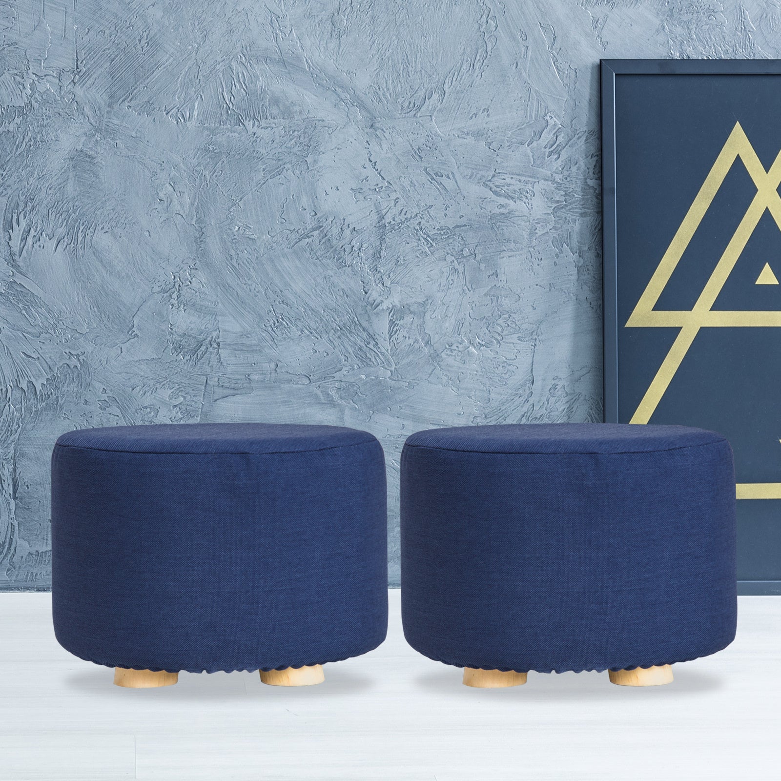 Ottomans & Footstools: 2X Fabric Ottoman Round Wooden Leg Foot Stool - DARK BLUE
