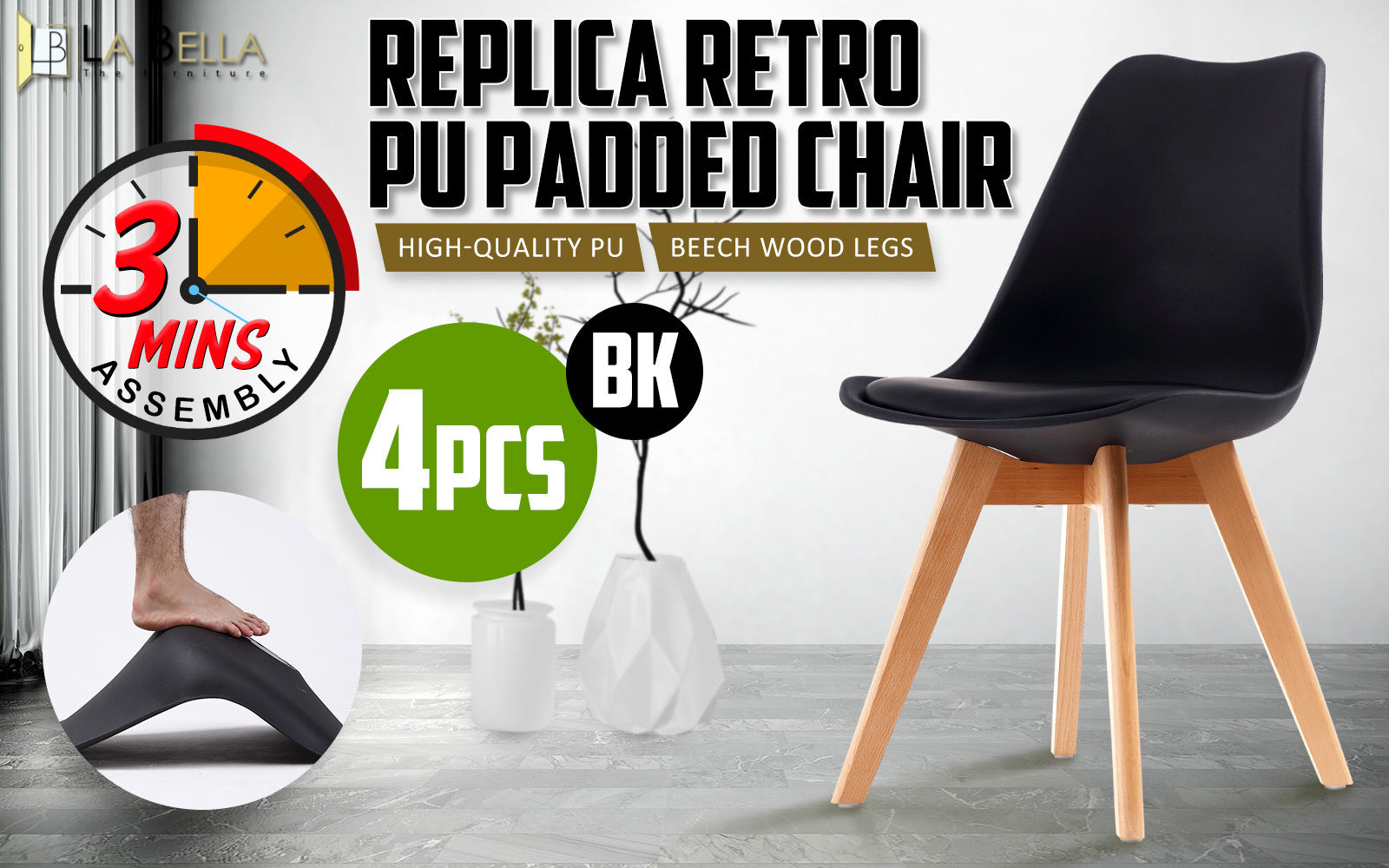 Kitchen & Dining Chairs: 4X Retro Dining Cafe Chair Padded Seat BLACK