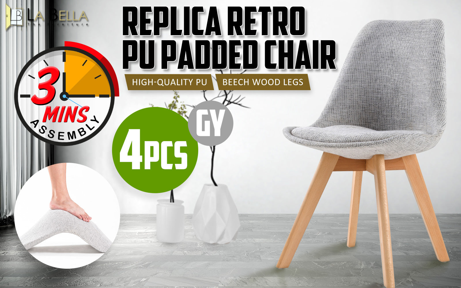 Kitchen & Dining Chairs: 4X Retro Dining Cafe Chair Padded Seat GREY