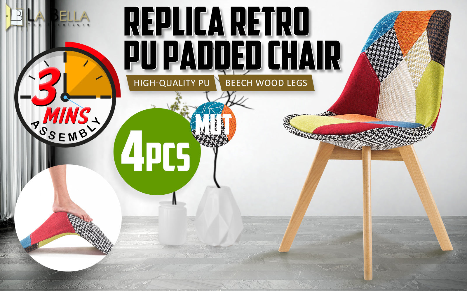 Kitchen & Dining Chairs: 4X Retro Dining Cafe Chair Padded Seat MULTI COLOUR