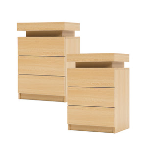 2X Bedside Table 3 Drawers RGB LED Bedroom Cabinet Nightstand Gloss GLORY OAK