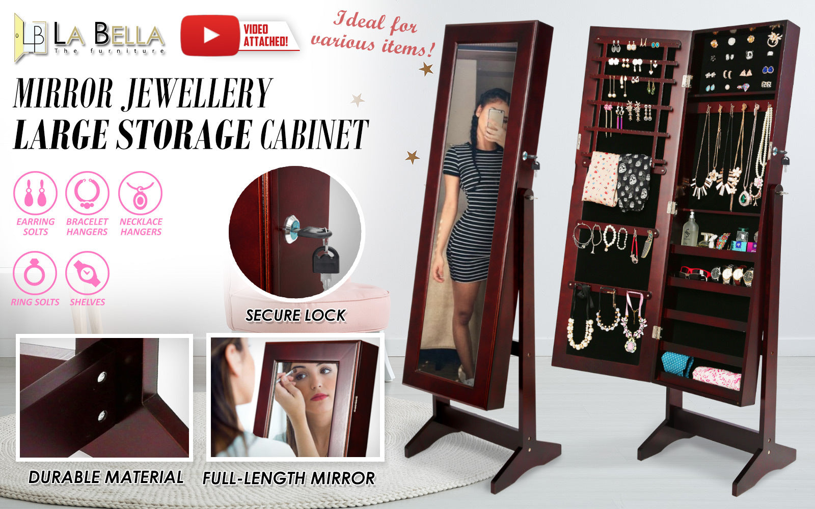 Makeup Organisation & Storage: Mirror Jewellery Cabinet Storage Organiser LUVO 146cm WALNUT
