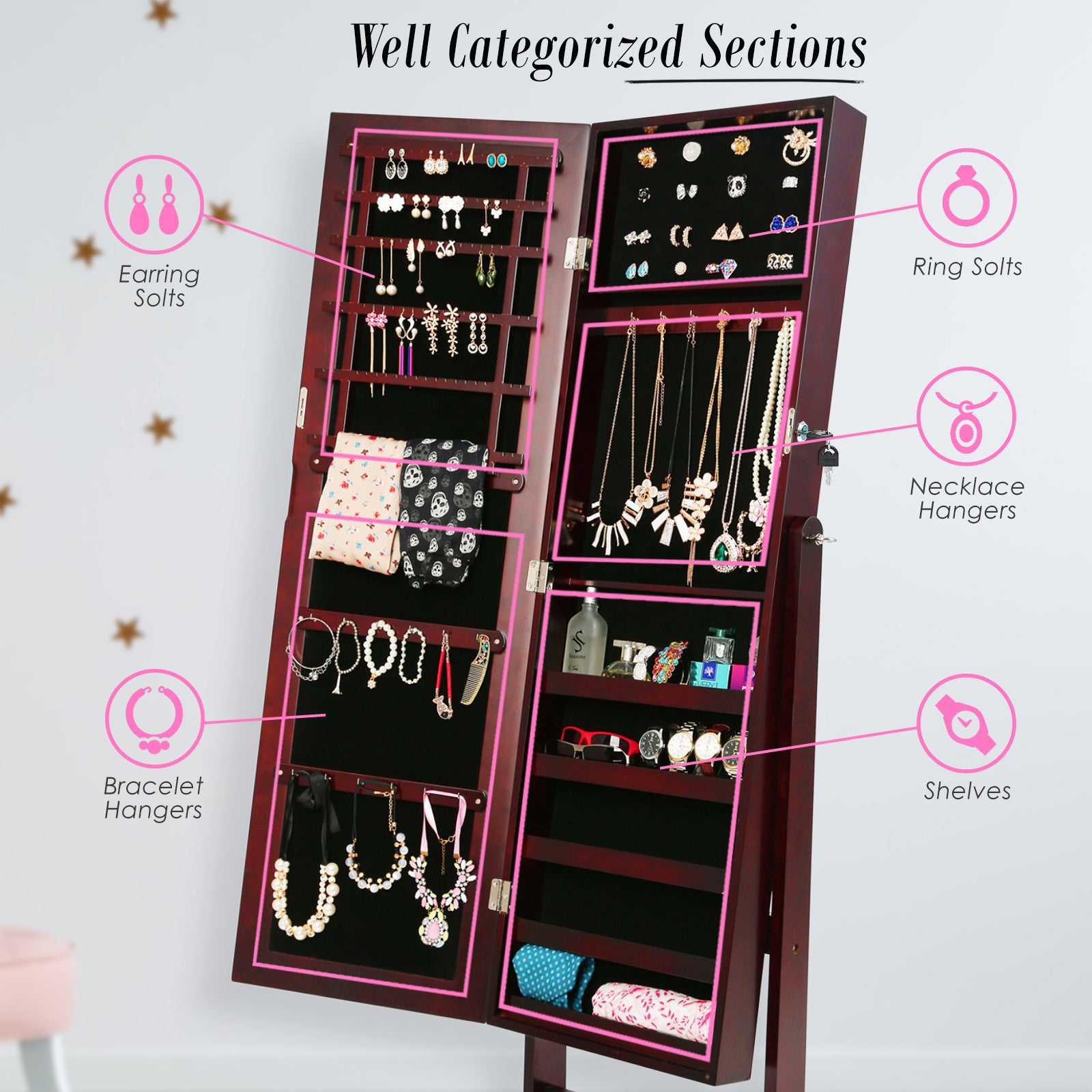 Makeup Organisation & Storage: Mirror Jewellery Cabinet Storage Organiser LUVO 146cm WALNUT
