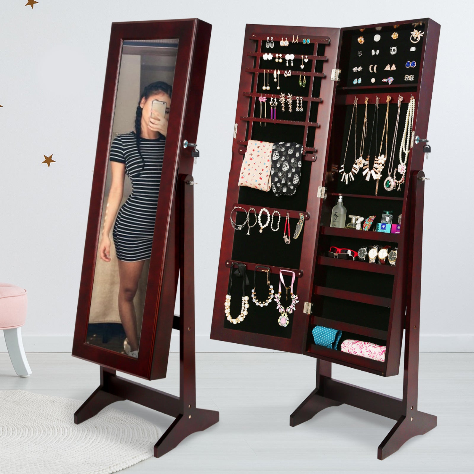 Makeup Organisation & Storage: Mirror Jewellery Cabinet Storage Organiser LUVO 146cm WALNUT