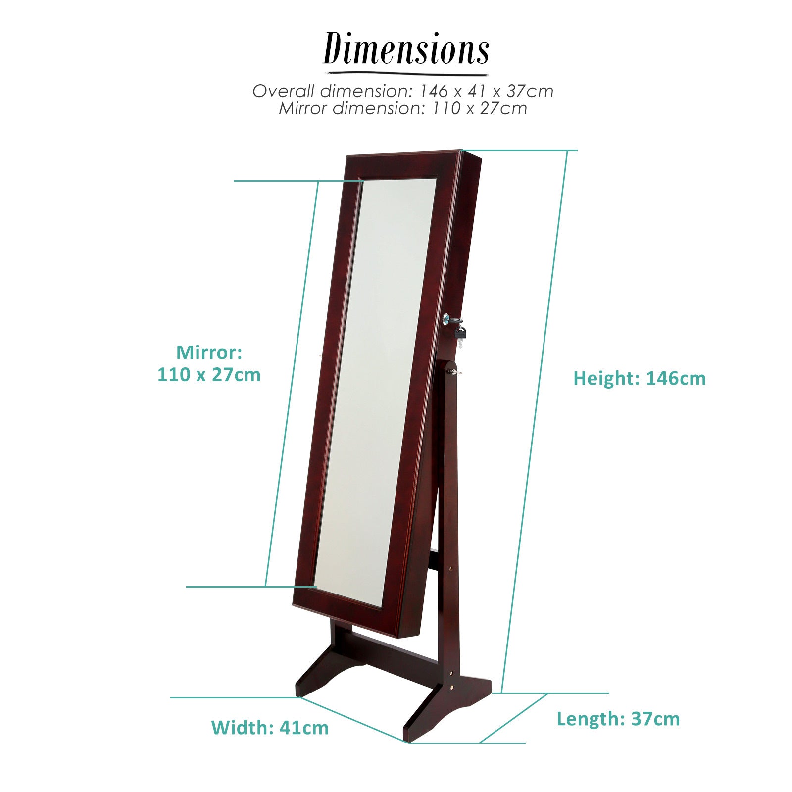 Makeup Organisation & Storage: Mirror Jewellery Cabinet Storage Organiser LUVO 146cm WALNUT