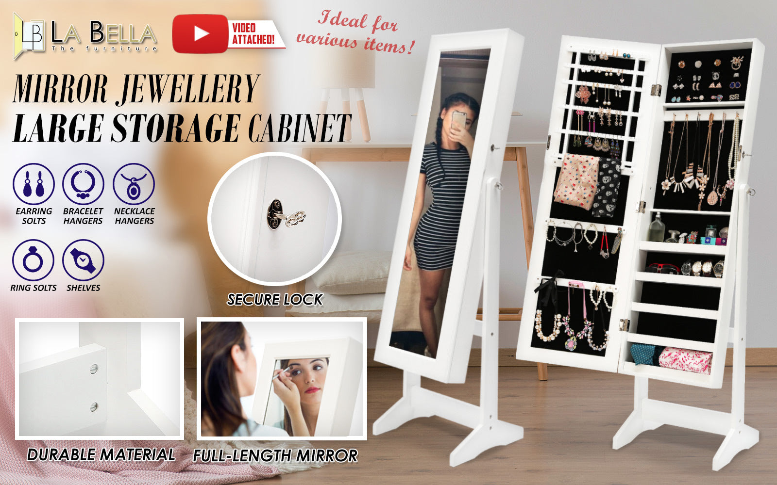 Makeup Organisation & Storage: Mirror Jewellery Cabinet Storage Organiser LUVO 146cm WHITE
