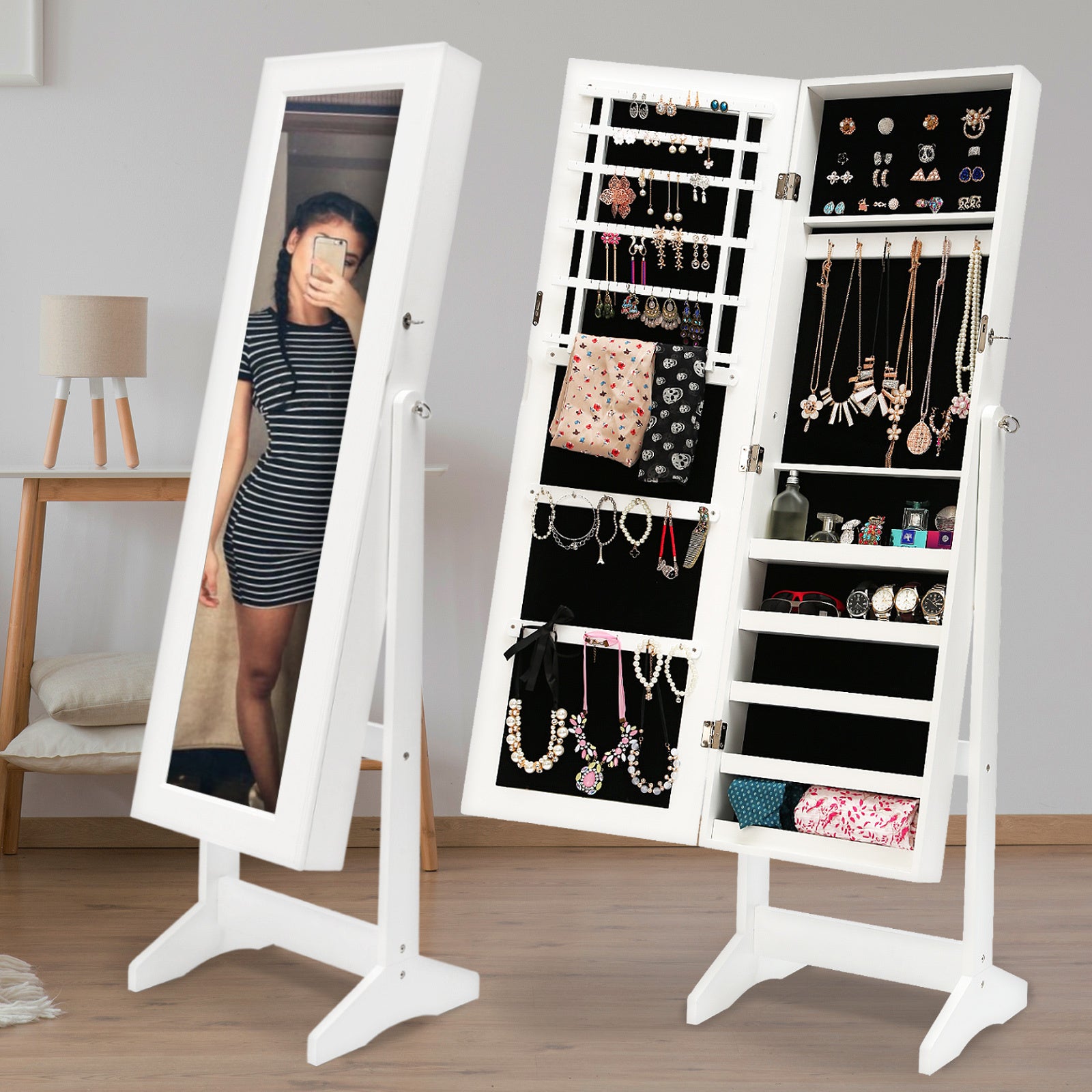 Makeup Organisation & Storage: Mirror Jewellery Cabinet Storage Organiser LUVO 146cm WHITE
