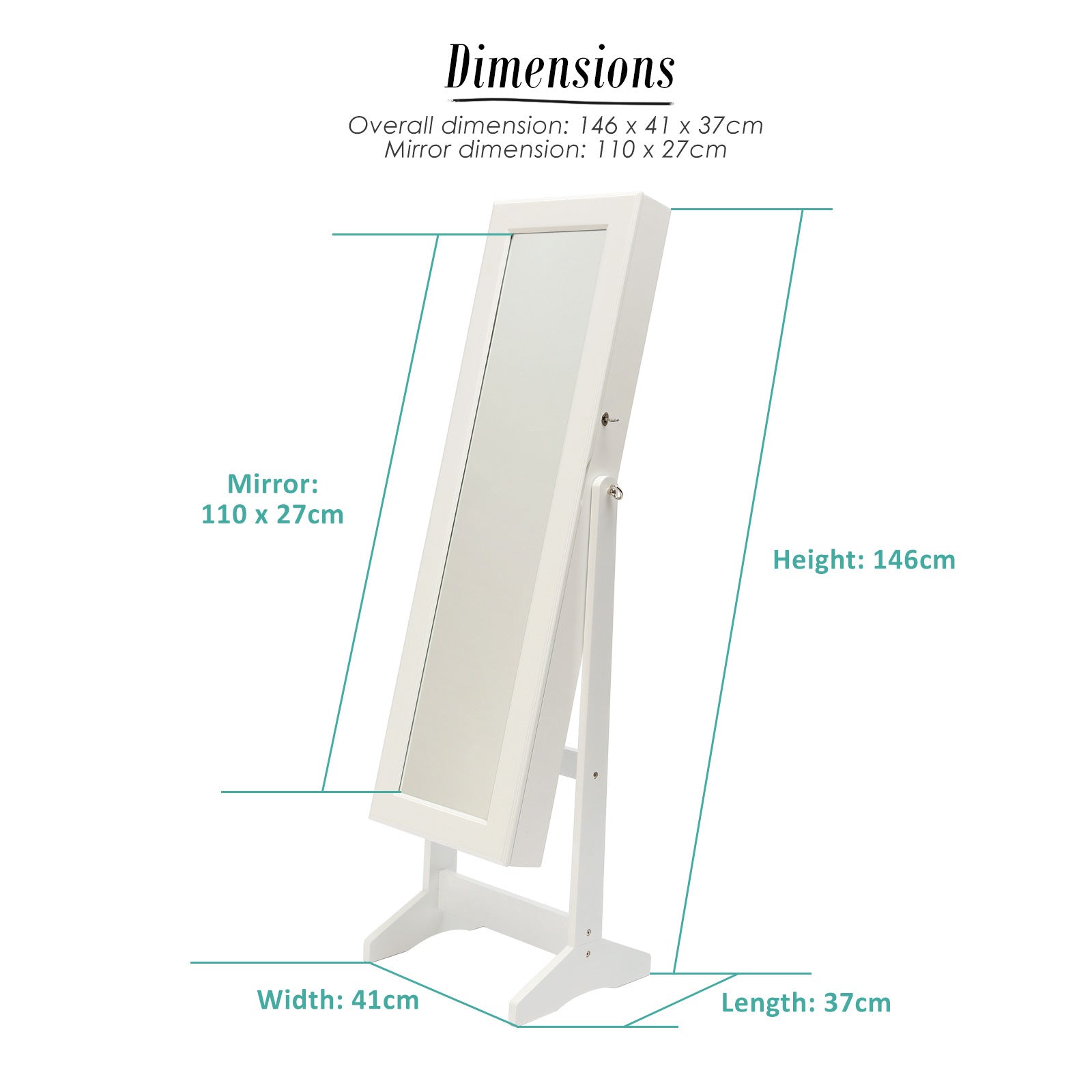 Makeup Organisation & Storage: Mirror Jewellery Cabinet Storage Organiser LUVO 146cm WHITE