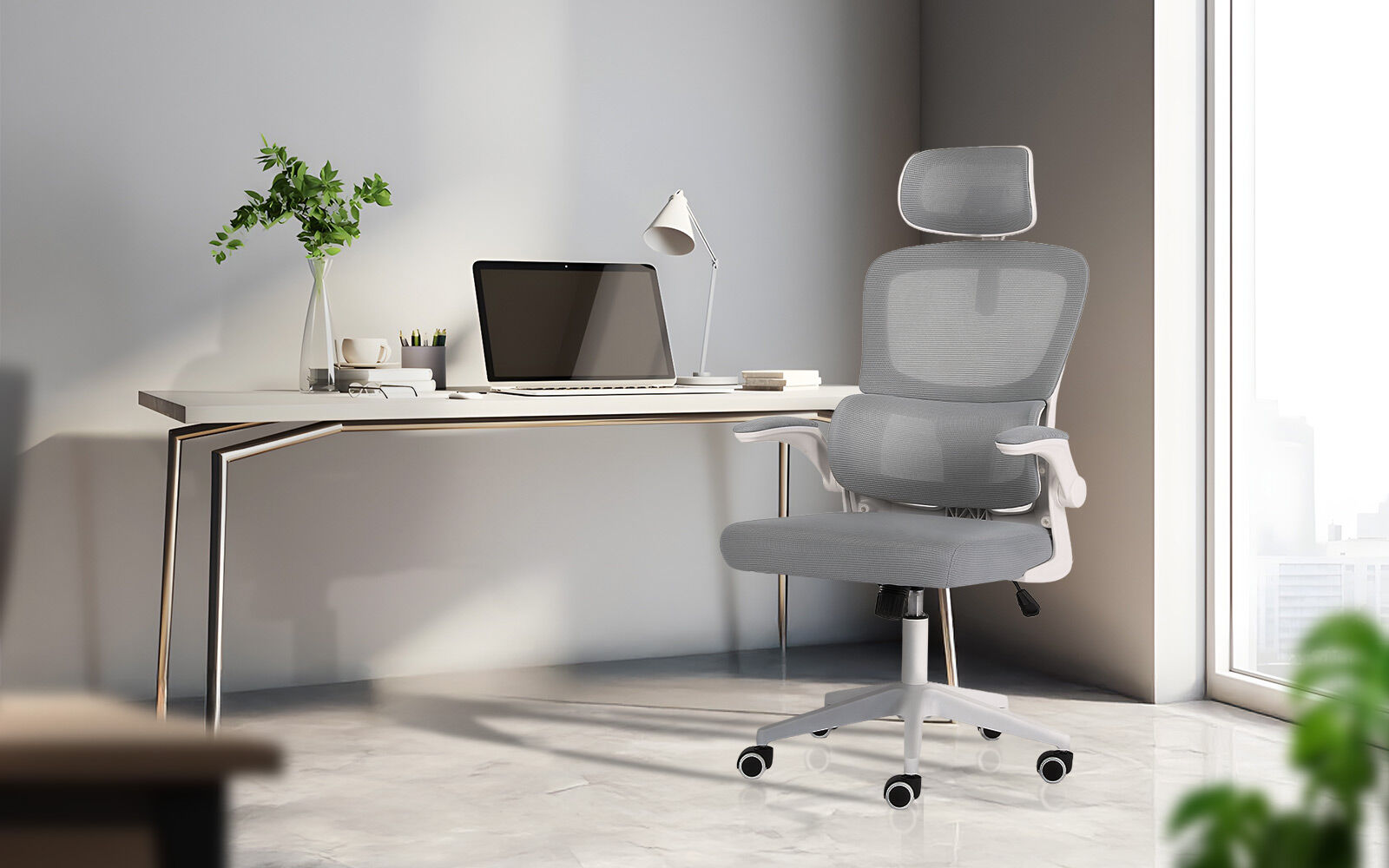 Office & Desk Chairs: Work Office Chair - Lumber Support, Flip-up Armrest, Adjustable Headrest SITIO - GREY