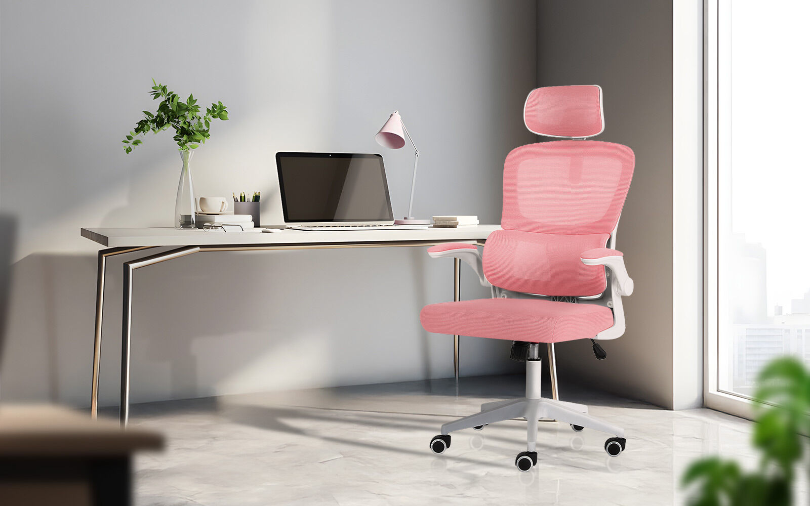 Office & Desk Chairs: Work Office Chair - Lumber Support, Flip-up Armrest, Adjustable Headrest SITIO - Pink