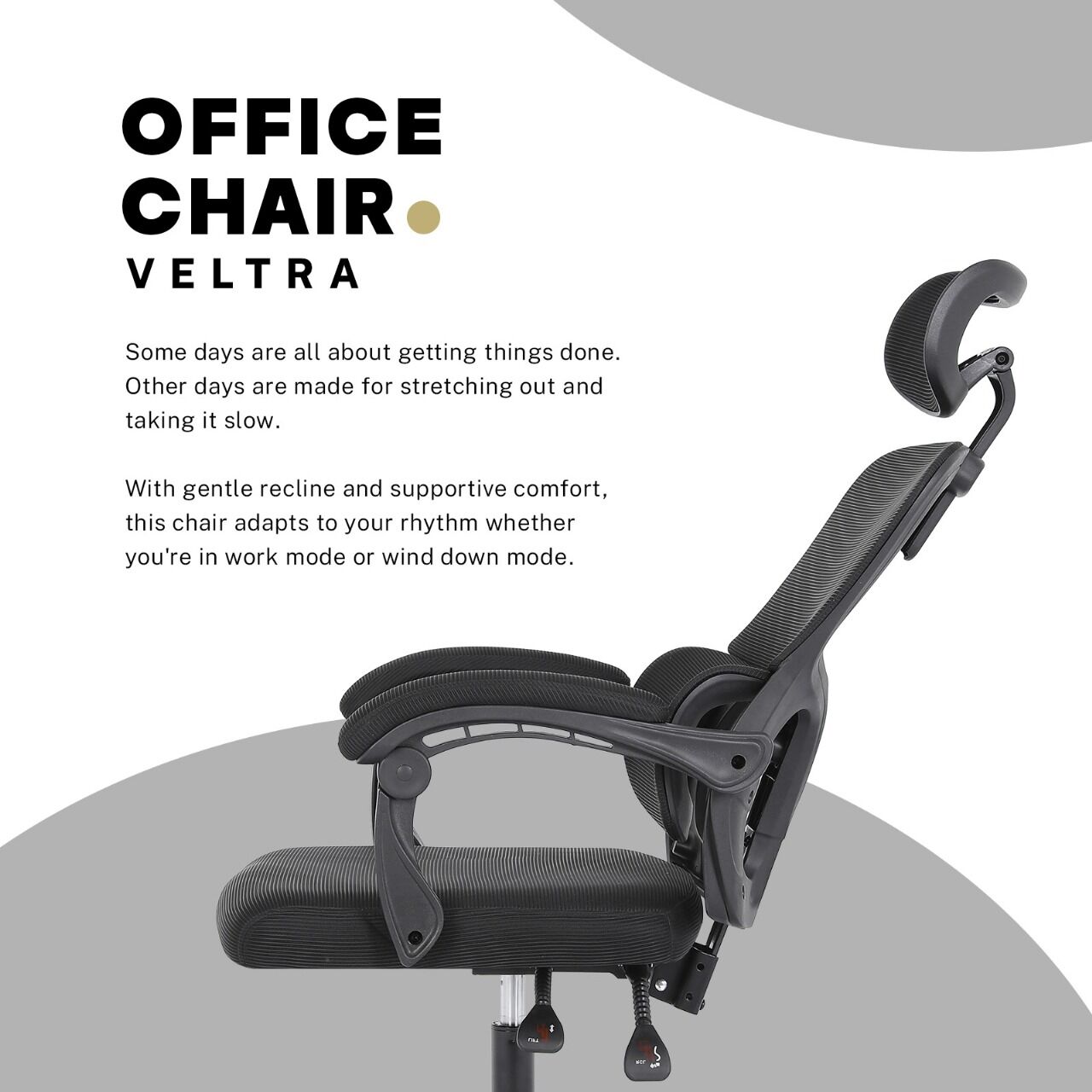 Office & Desk Chairs: Ergonomic Reclining Office Chair - Lumbar Support, Adjustable Headrest VELTRA - BLACK