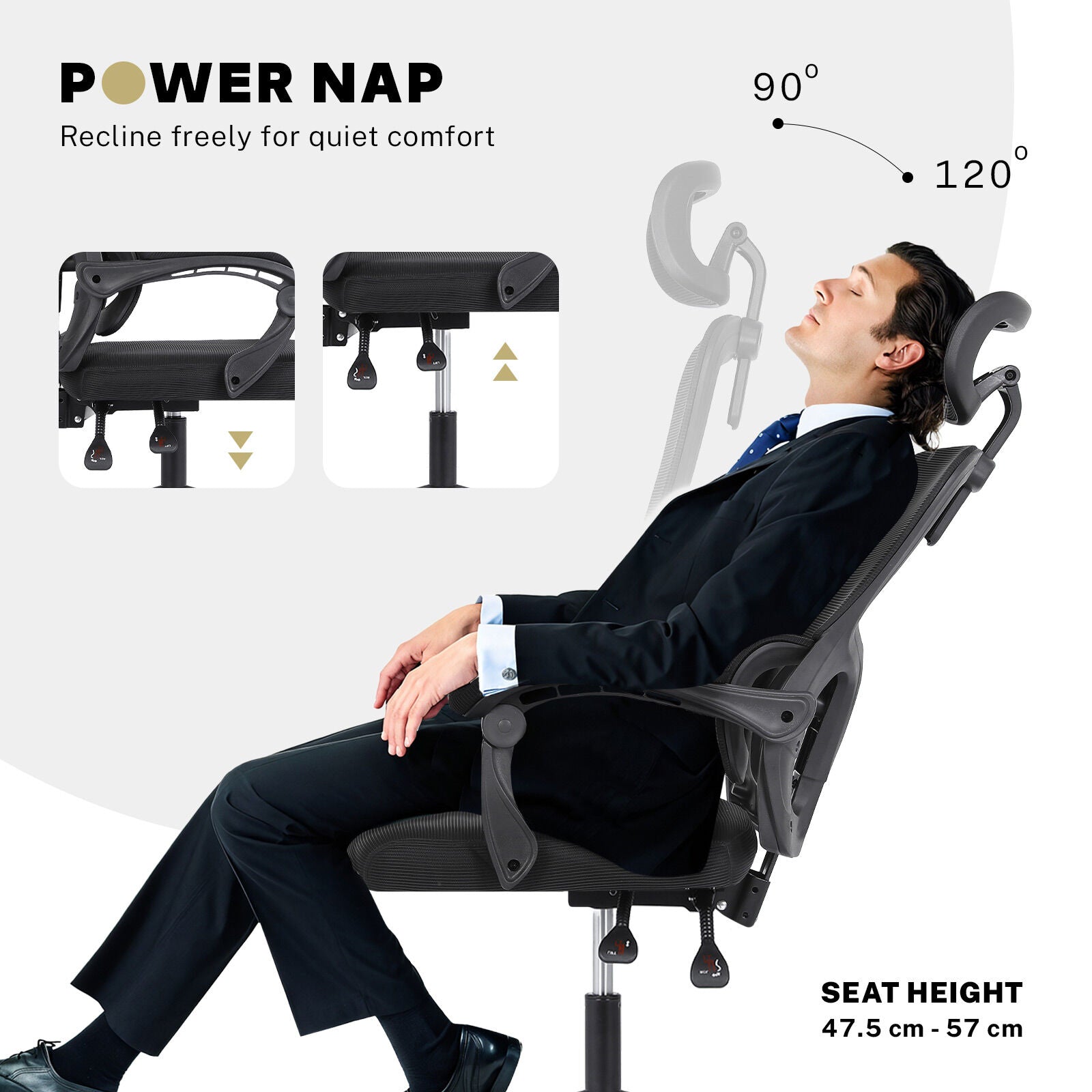 Office & Desk Chairs: Ergonomic Reclining Office Chair - Lumbar Support, Adjustable Headrest VELTRA - BLACK