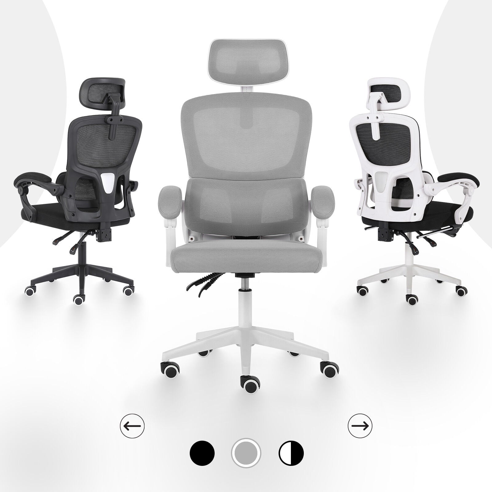 Office & Desk Chairs: Ergonomic Reclining Office Chair - Lumbar Support, Adjustable Headrest VELTRA - GREY