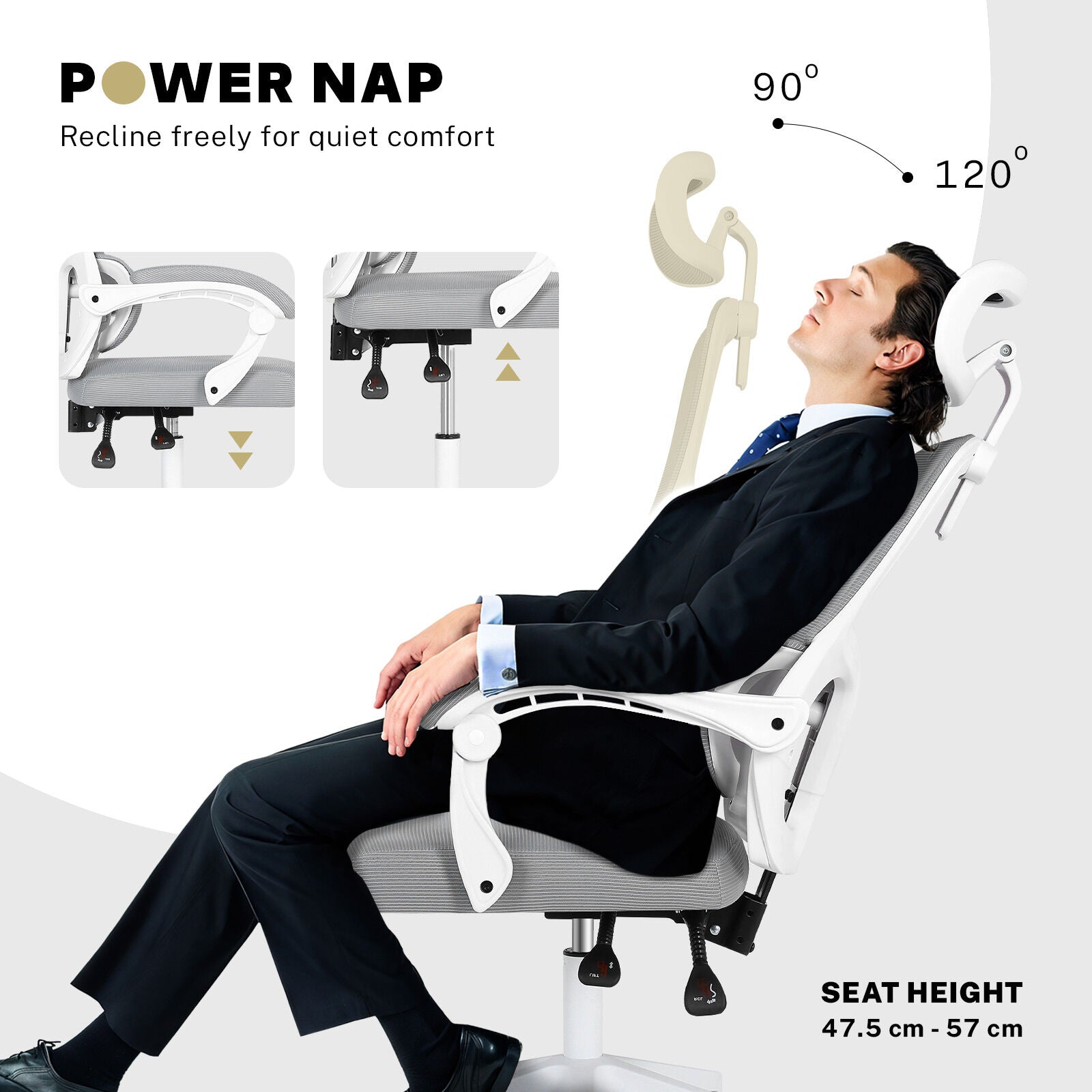 Office & Desk Chairs: Ergonomic Reclining Office Chair - Lumbar Support, Adjustable Headrest VELTRA - GREY