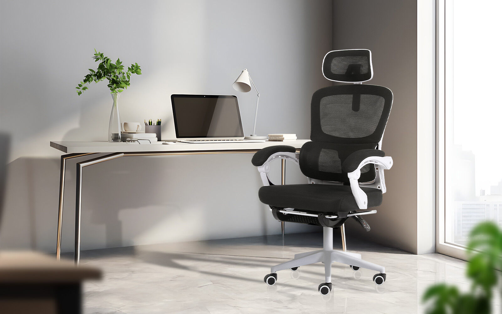 Office & Desk Chairs: Ergonomic Reclining Office Chair - Footrest, Lumbar Support, Adjustable Headrest VELTRA - BLACK