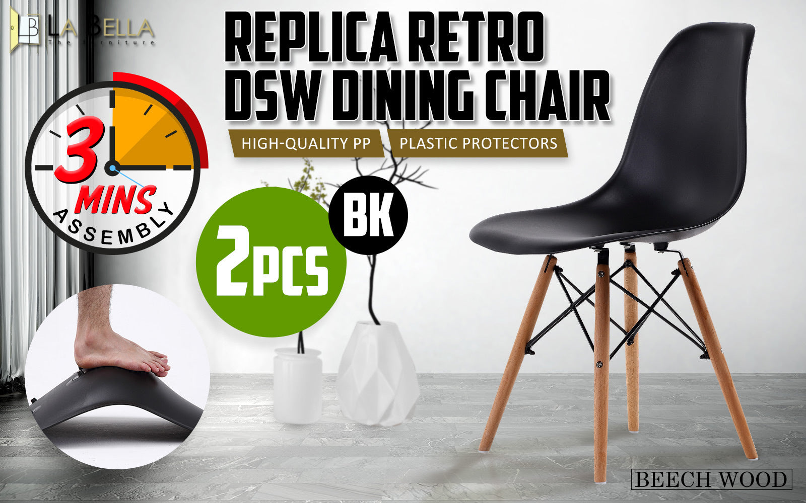 Kitchen & Dining Chairs: 2X Retro Dining Cafe Chair DSW BLACK