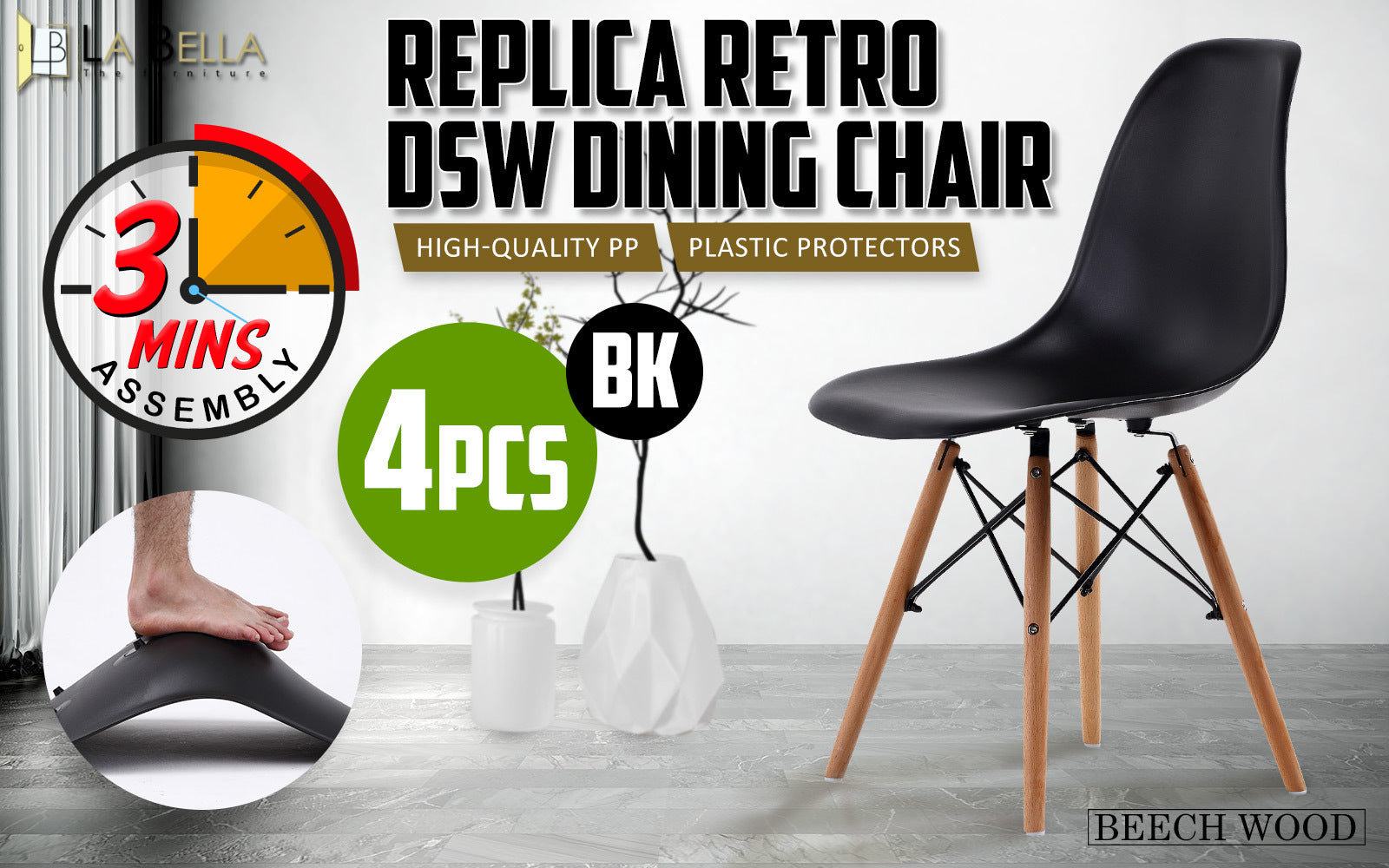Kitchen & Dining Chairs: 4X Retro Dining Cafe Chair DSW BLACK
