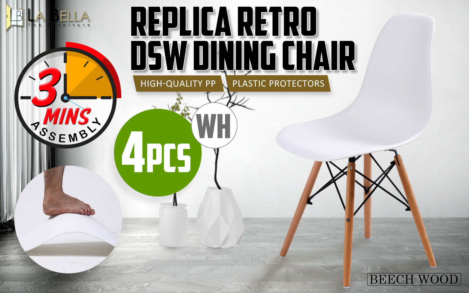 Kitchen & Dining Chairs: 4X Retro Dining Cafe Chair DSW WHITE