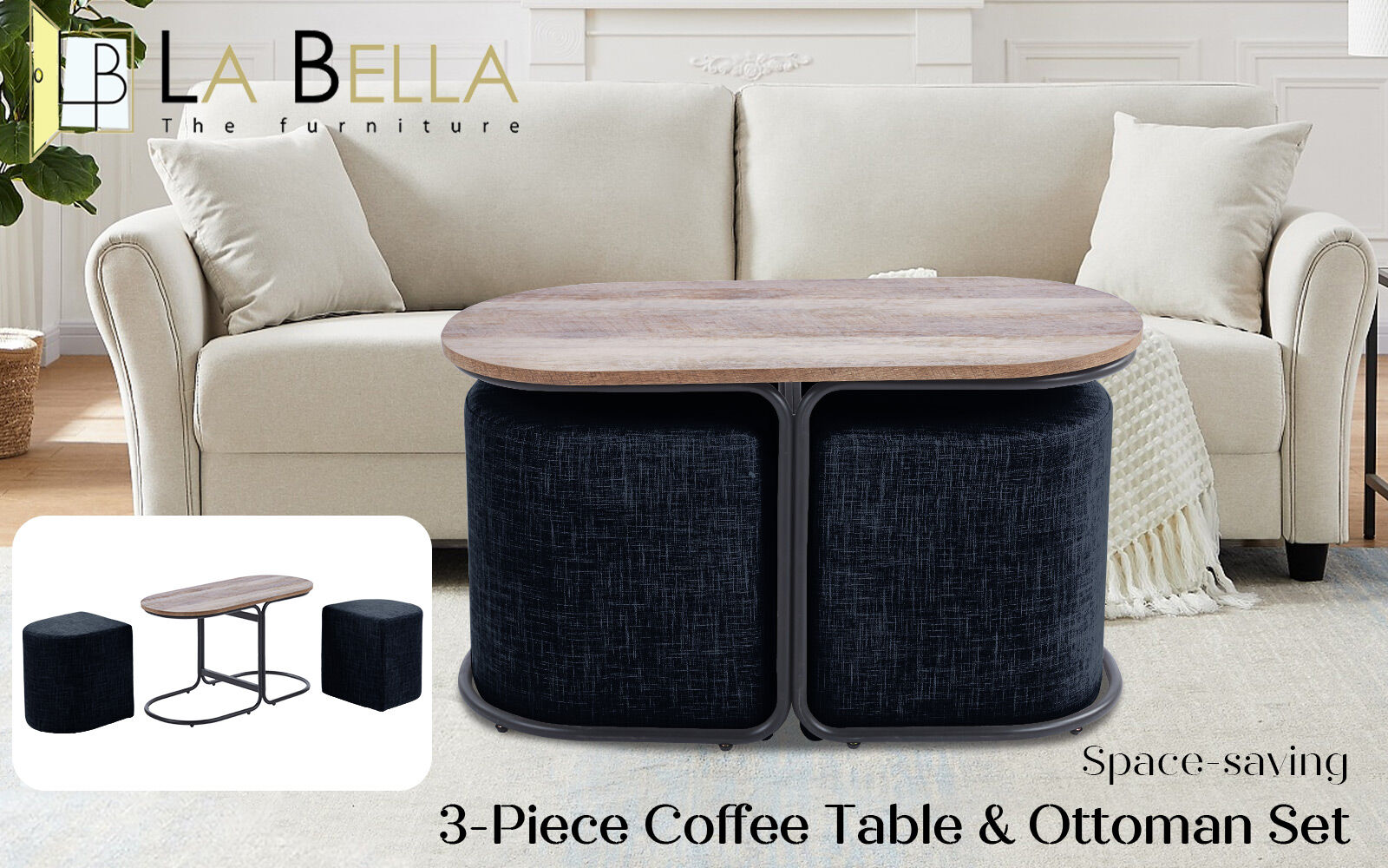 Office & Desk Chairs: 3 Piece Set Coffee Table & Ottoman Wood Side End Table Industrial - Black