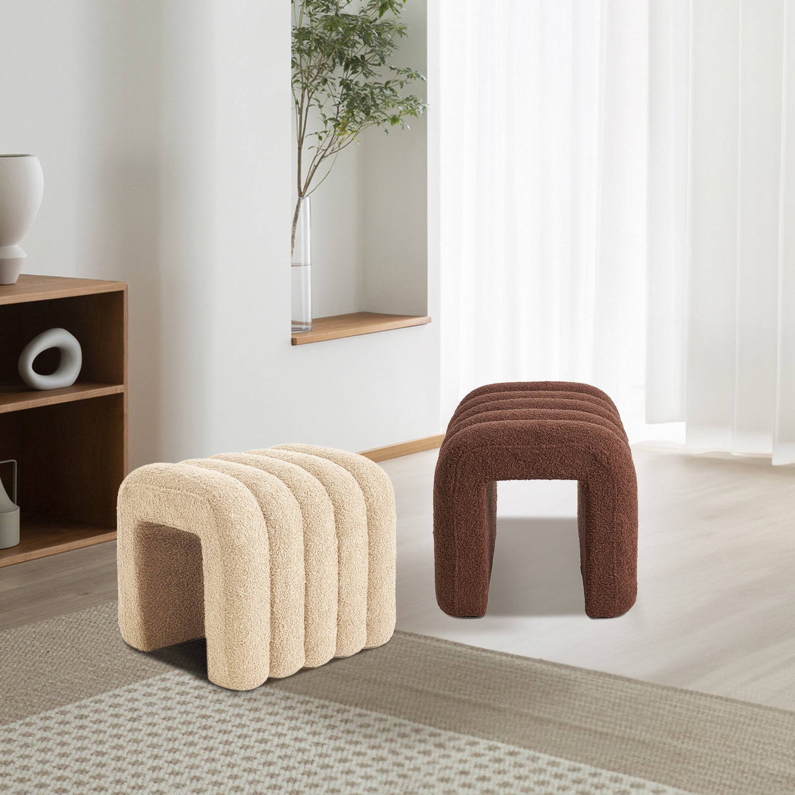 Ottomans & Footstools: Ridge Arch Ottoman Stool Teddy Fleece Fabric Foot Rest 45cm BEIGE