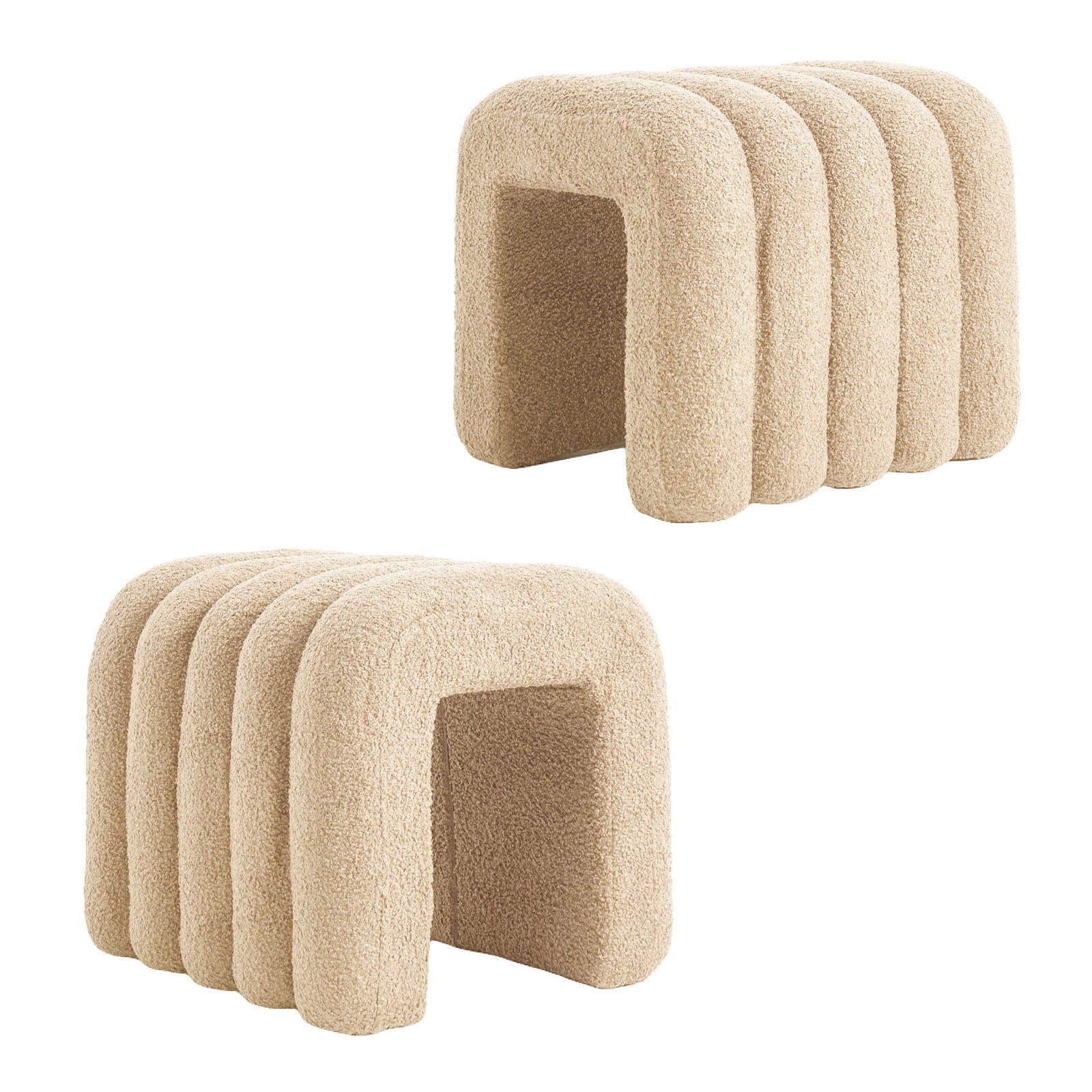 Ottomans & Footstools: 2X Ridge Arch Ottoman Stool Teddy Fleece Fabric Foot Rest 45cm BEIGE