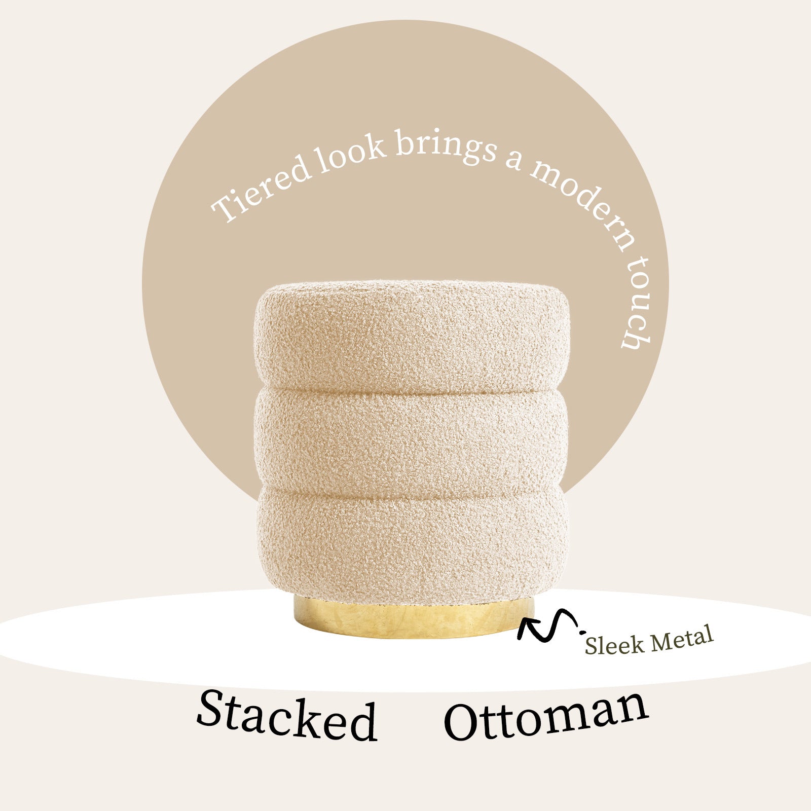 Ottomans & Footstools: Round Stacked Ottoman Stool Teddy Fleece Fabric Foot Rest 38cm BEIGE