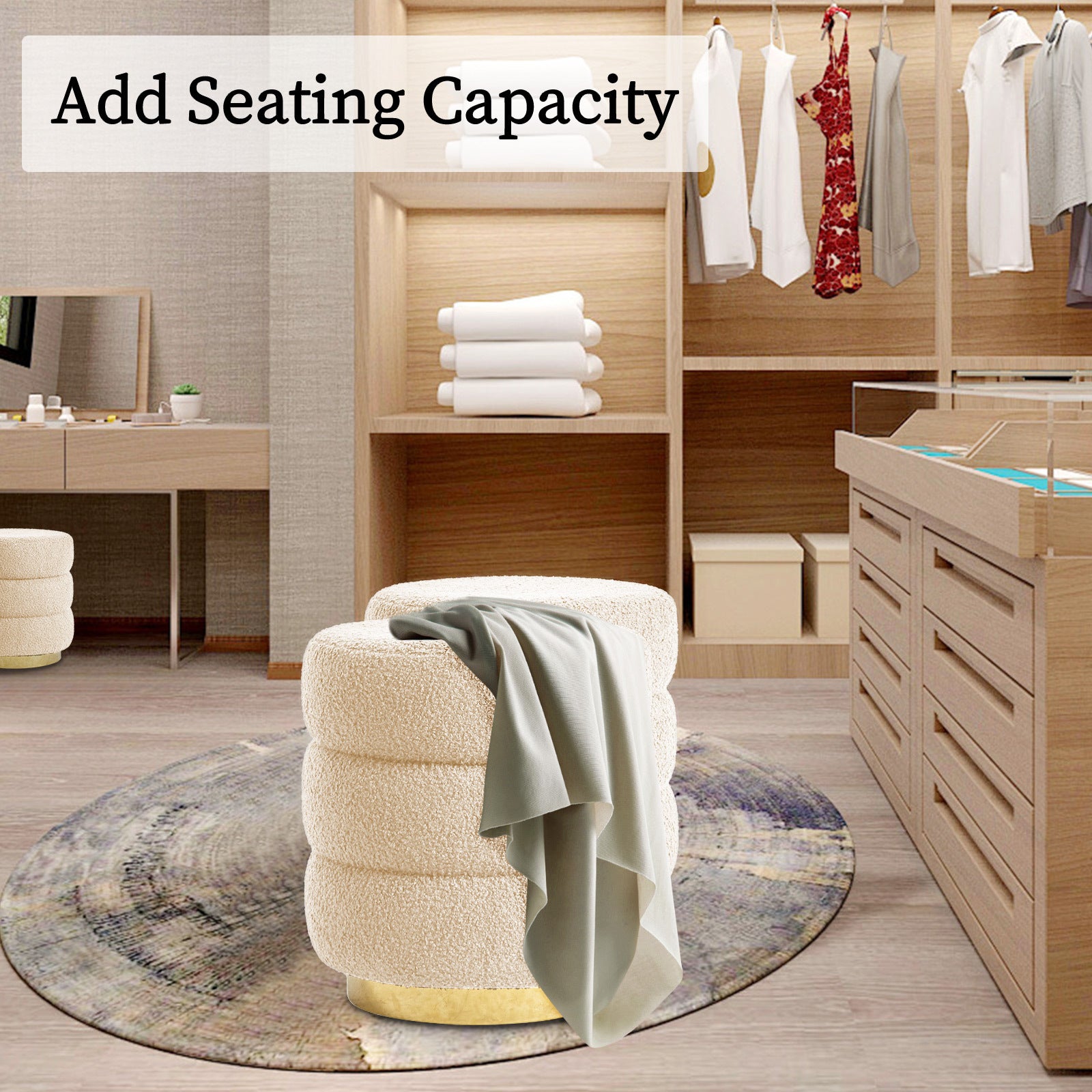 Ottomans & Footstools: Round Stacked Ottoman Stool Teddy Fleece Fabric Foot Rest 38cm BEIGE