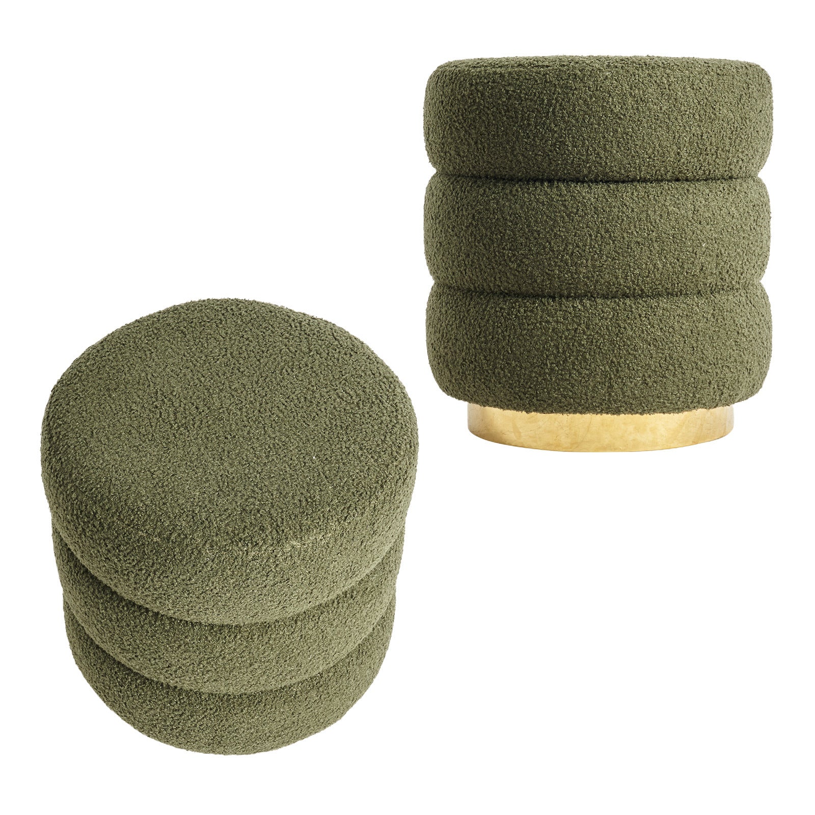 Ottomans & Footstools: 2X Round Stacked Ottoman Stool Teddy Fleece Fabric Foot Rest 38cm GREEN