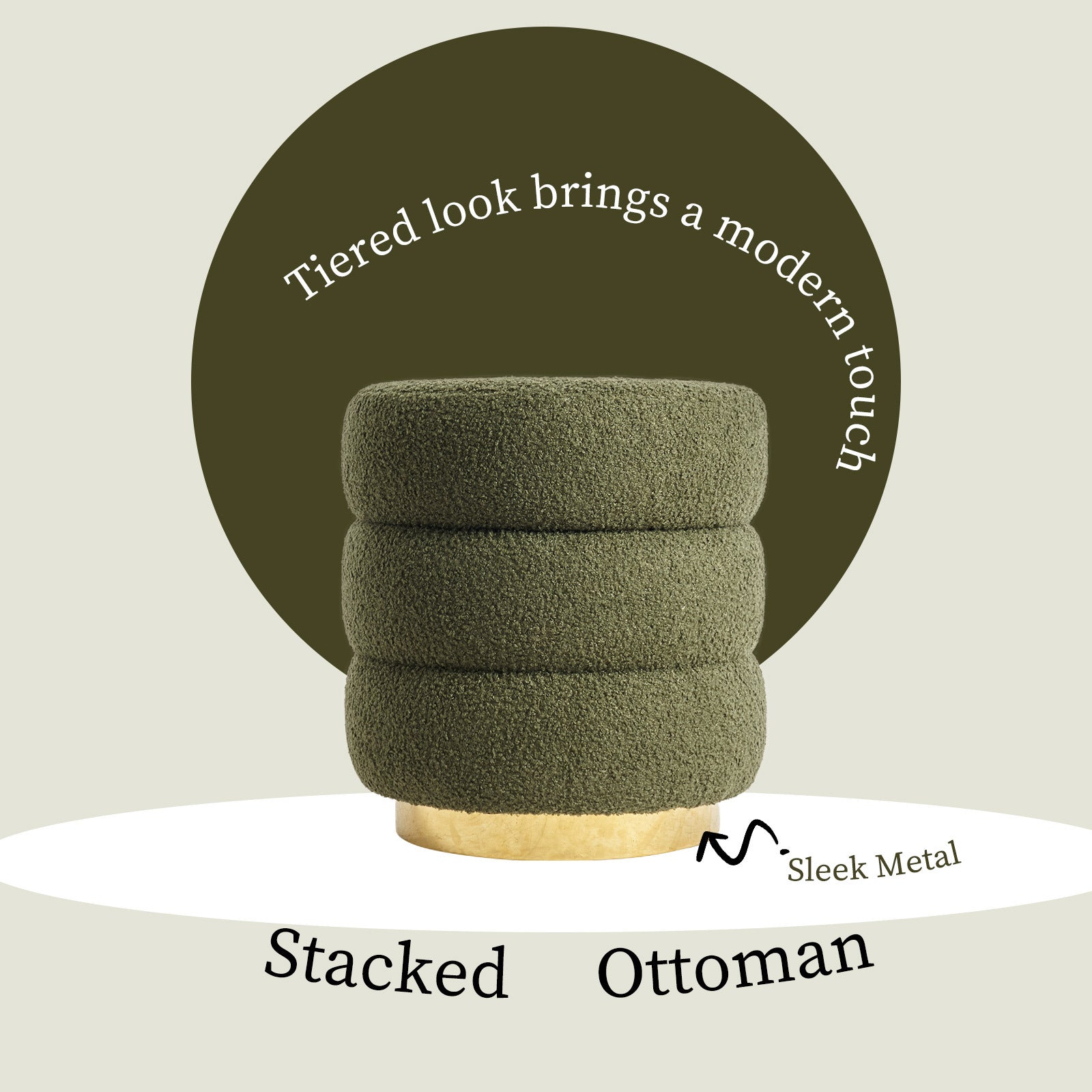 Ottomans & Footstools: 2X Round Stacked Ottoman Stool Teddy Fleece Fabric Foot Rest 38cm GREEN