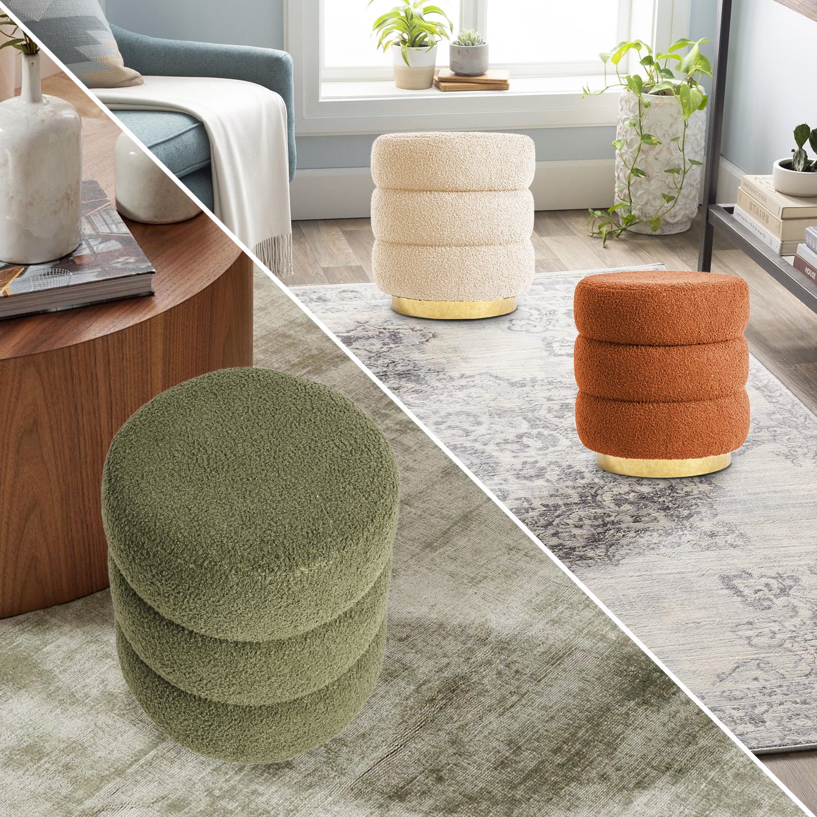 Ottomans & Footstools: Round Stacked Ottoman Stool Teddy Fleece Fabric Foot Rest 38cm ORANGE