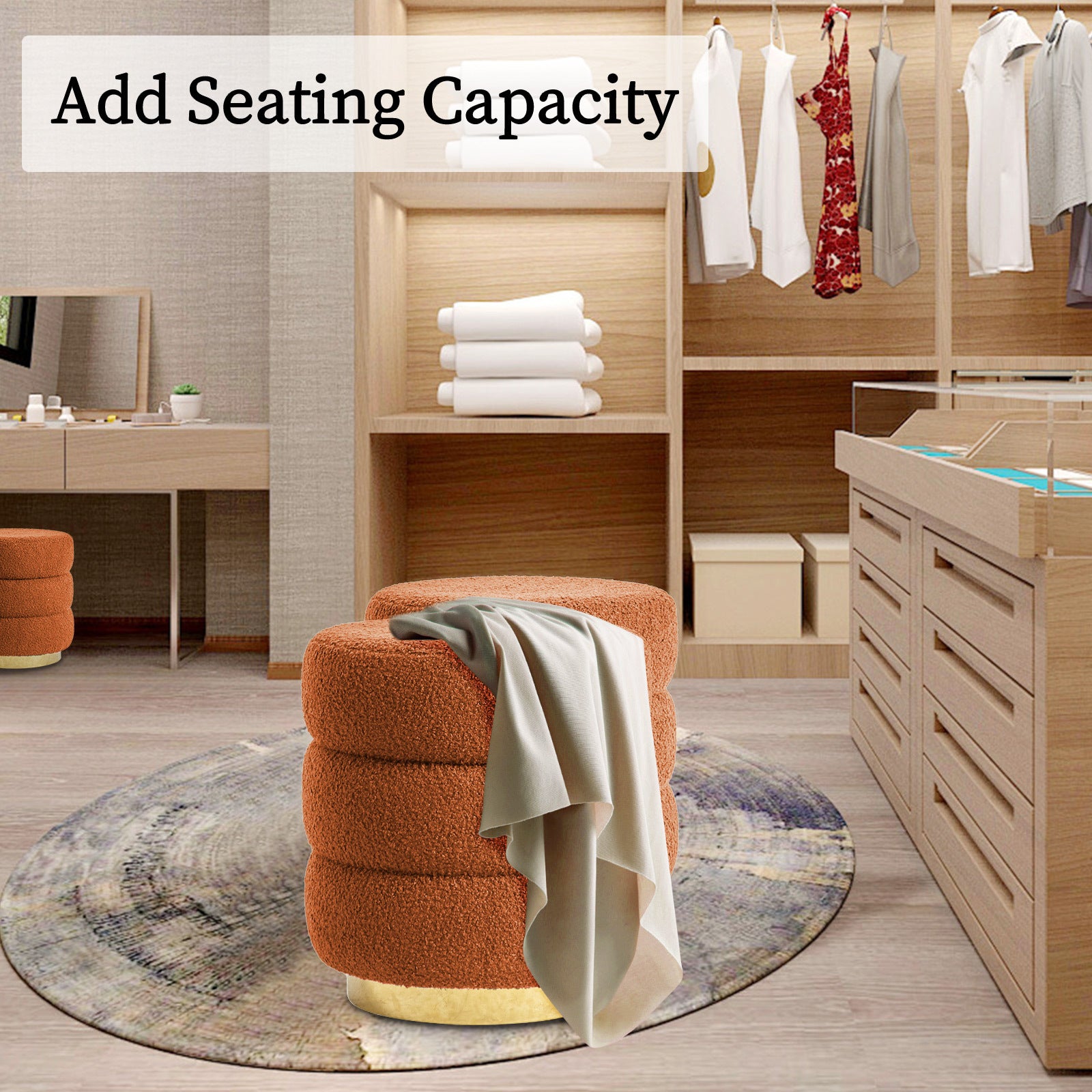 Ottomans & Footstools: Round Stacked Ottoman Stool Teddy Fleece Fabric Foot Rest 38cm ORANGE