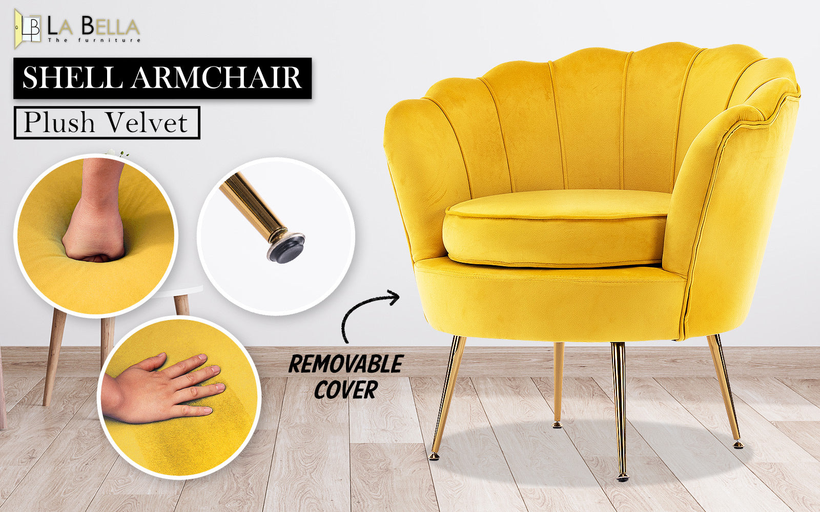 Bedside Tables: Armchair Padded Lounge Chair Accent Velvet Shell Scallop YELLOW