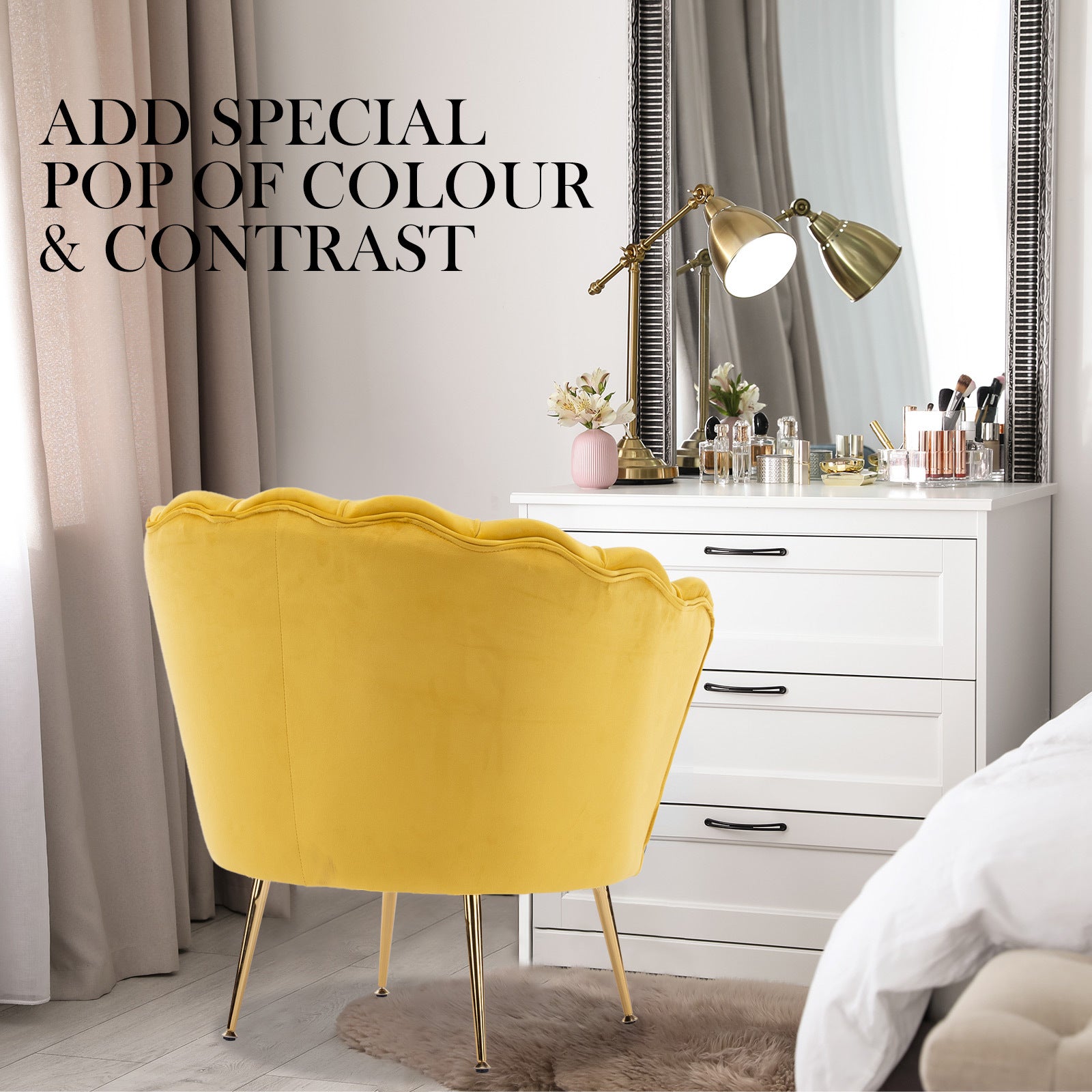 Bedside Tables: Armchair Padded Lounge Chair Accent Velvet Shell Scallop YELLOW