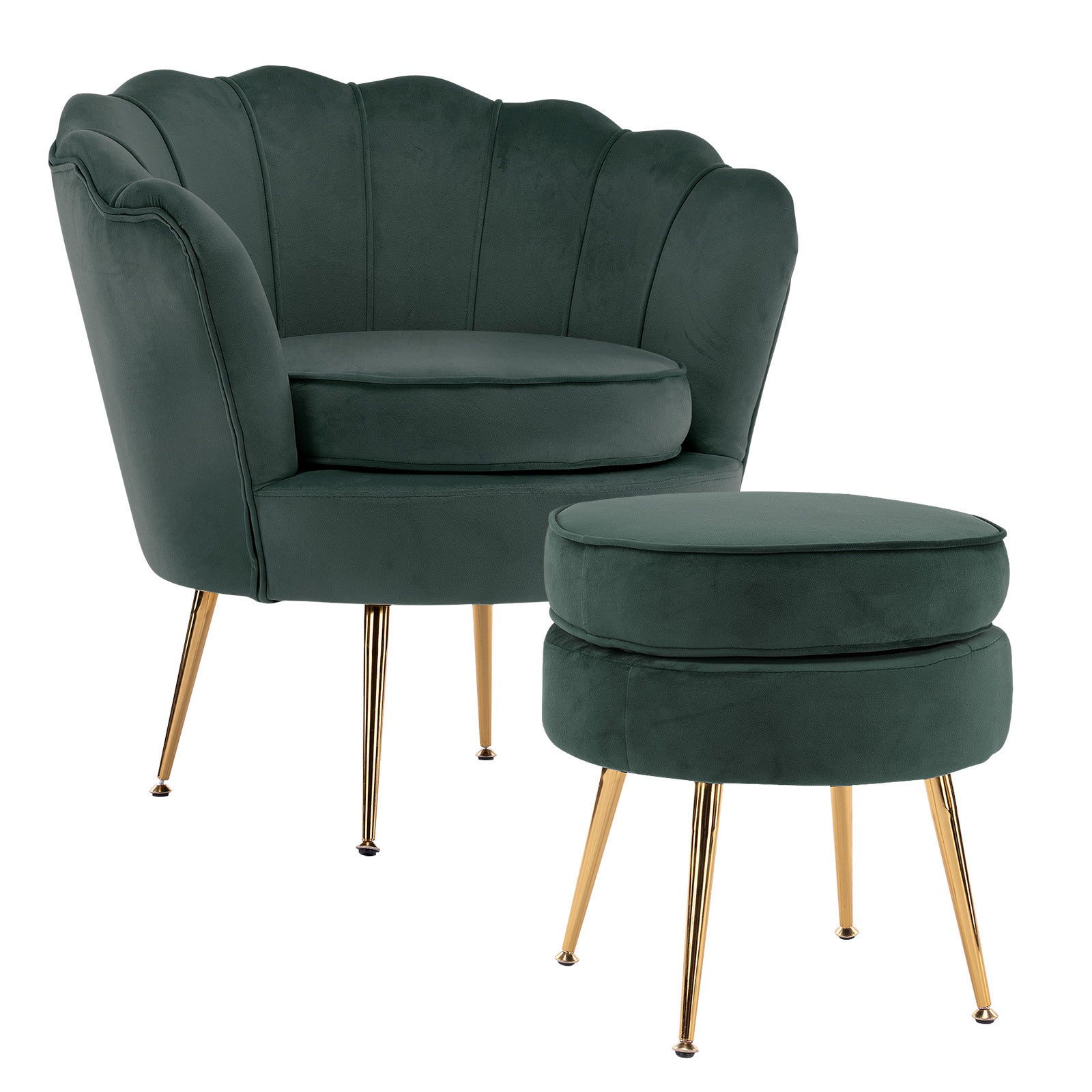 Bedside Tables: Armchair Lounge Chair Accent Velvet Shell Scallop + Ottoman Footstool Round GREEN