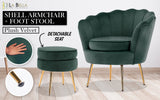 Bedside Tables: Armchair Lounge Chair Accent Velvet Shell Scallop + Ottoman Footstool Round GREEN