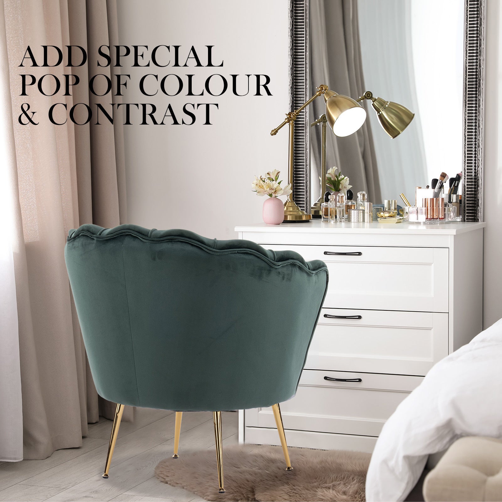 Bedside Tables: Armchair Lounge Chair Accent Velvet Shell Scallop + Ottoman Footstool Round GREEN