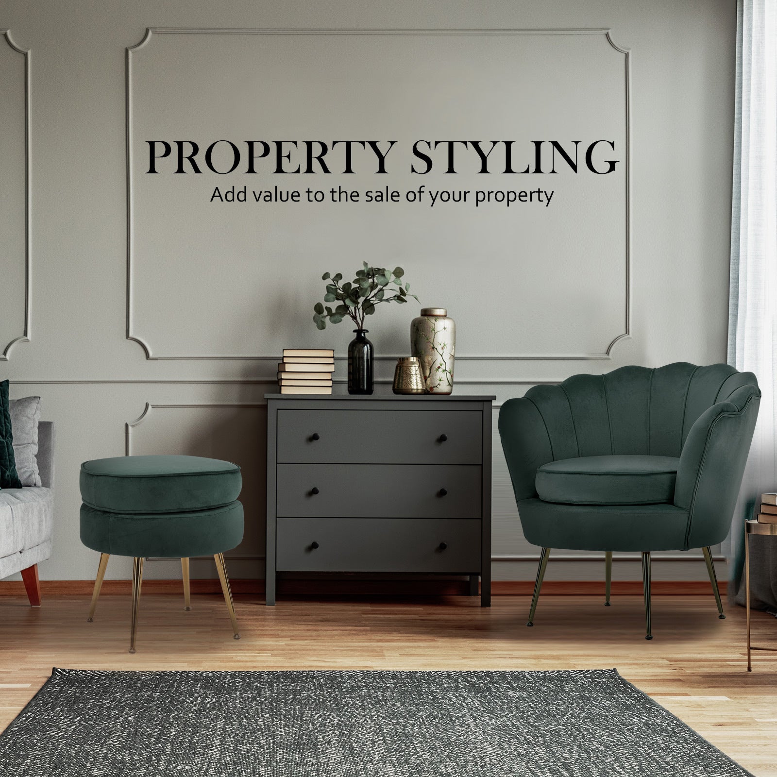 Bedside Tables: Armchair Lounge Chair Accent Velvet Shell Scallop + Ottoman Footstool Round GREEN