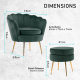 Bedside Tables: Armchair Lounge Chair Accent Velvet Shell Scallop + Ottoman Footstool Round GREEN