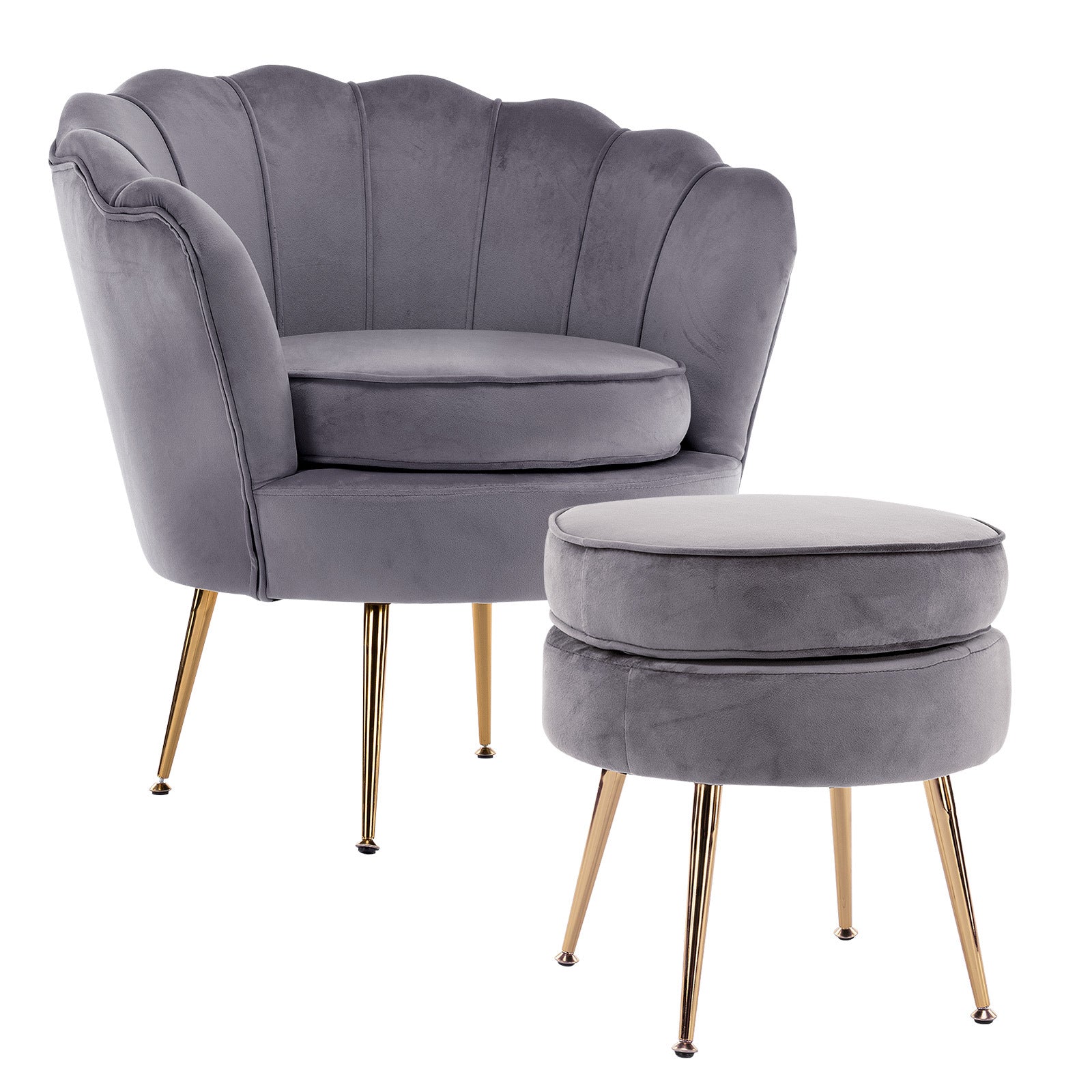 Bedside Tables: Armchair Lounge Chair Accent Velvet Shell Scallop + Ottoman Footstool Round GREY