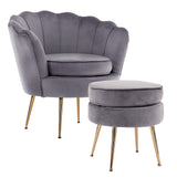 Bedside Tables: Armchair Lounge Chair Accent Velvet Shell Scallop + Ottoman Footstool Round GREY