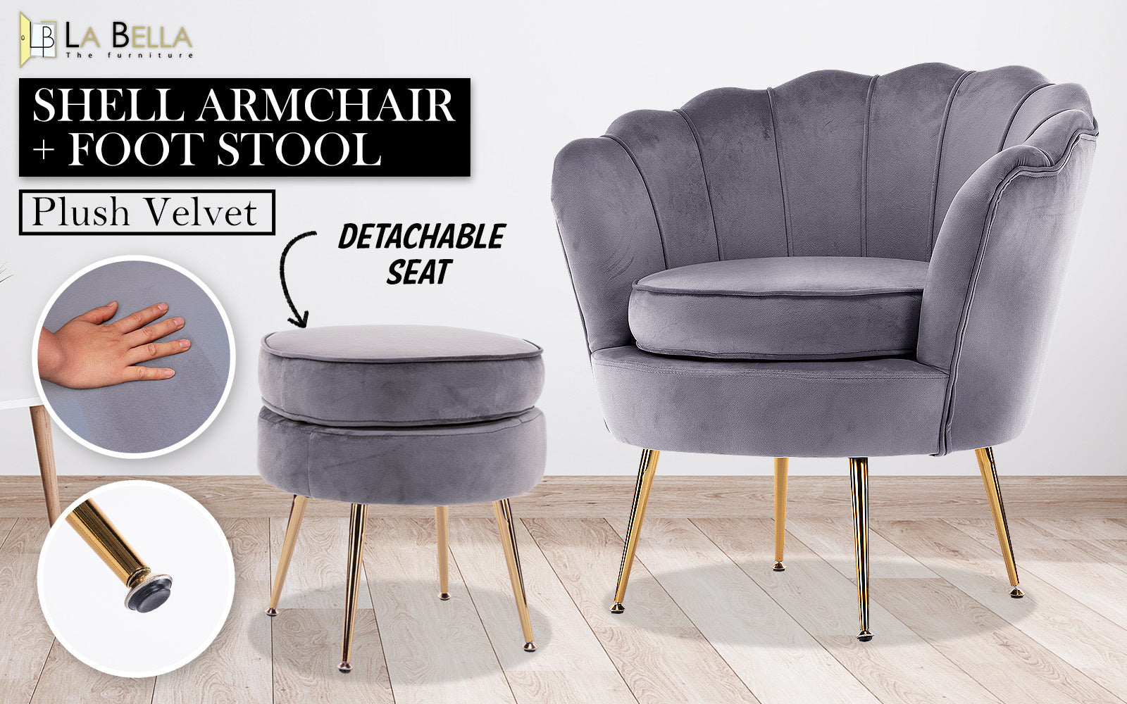 Bedside Tables: Armchair Lounge Chair Accent Velvet Shell Scallop + Ottoman Footstool Round GREY