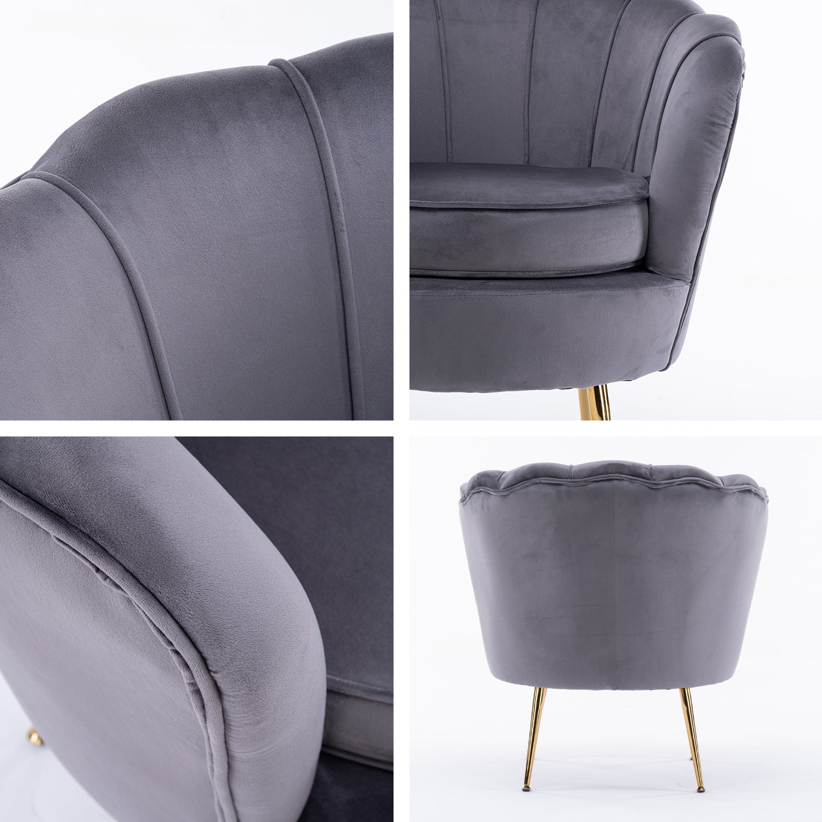 Bedside Tables: Armchair Lounge Chair Accent Velvet Shell Scallop + Ottoman Footstool Round GREY